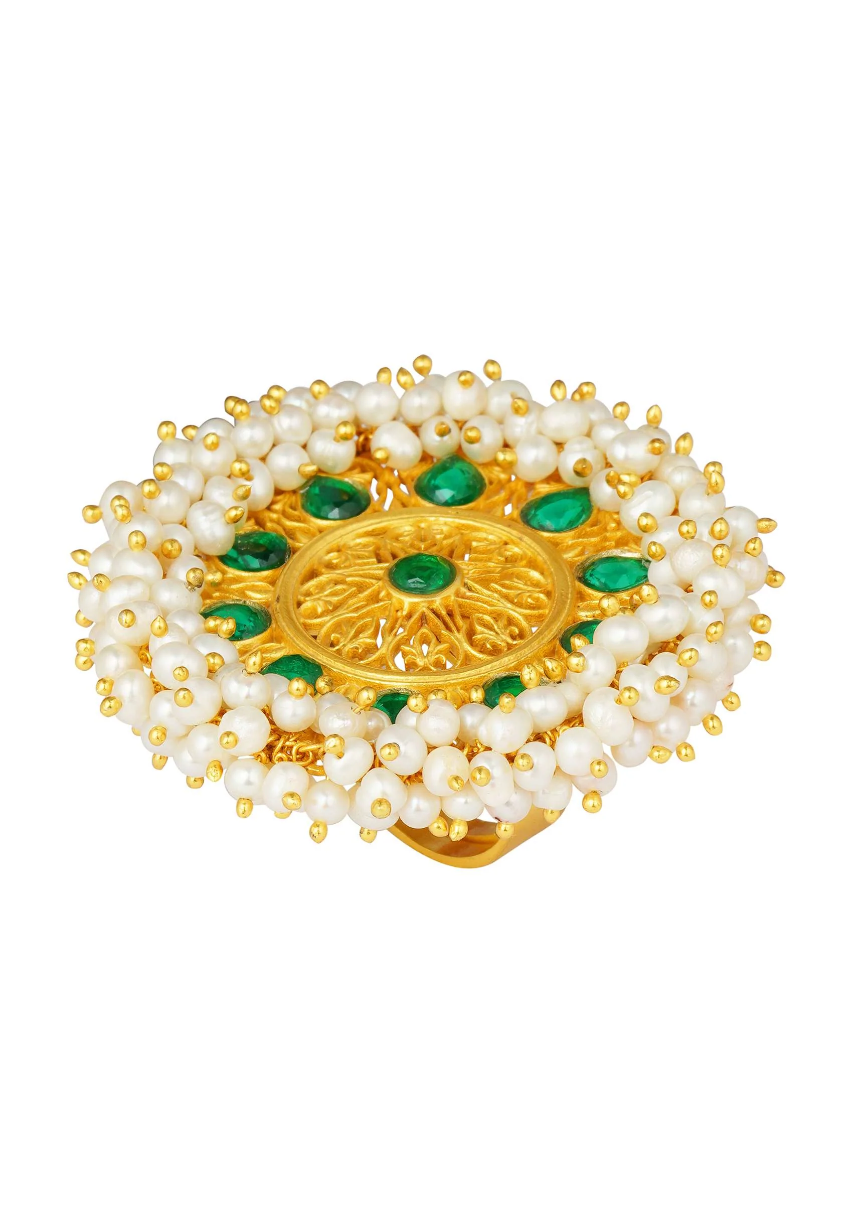 Gold Plated Ring With Green Cz Stones And Pearls Inspired From The Royal Crown By Zariin - Image 5