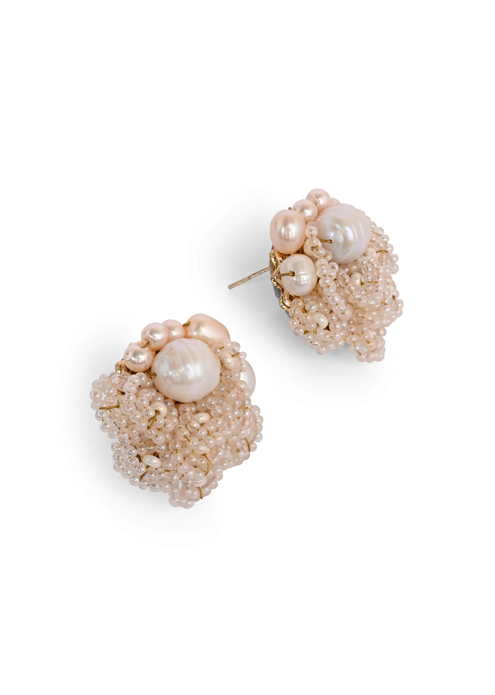 Gold Plated Round Flower Pearl Earrings Peach Crystal - Image 2