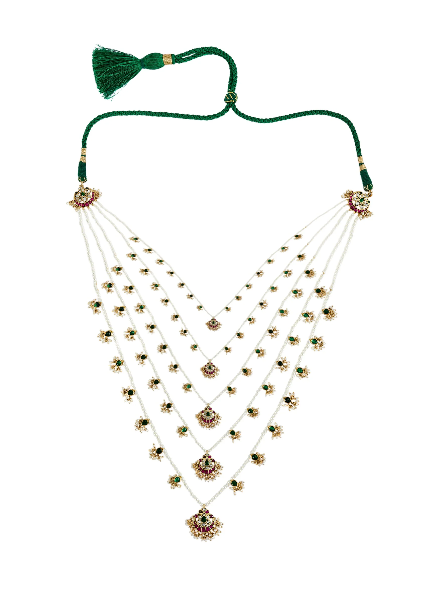 Gold Plated White Kundan Polki Long Necklace Set With Earrings - Image 2