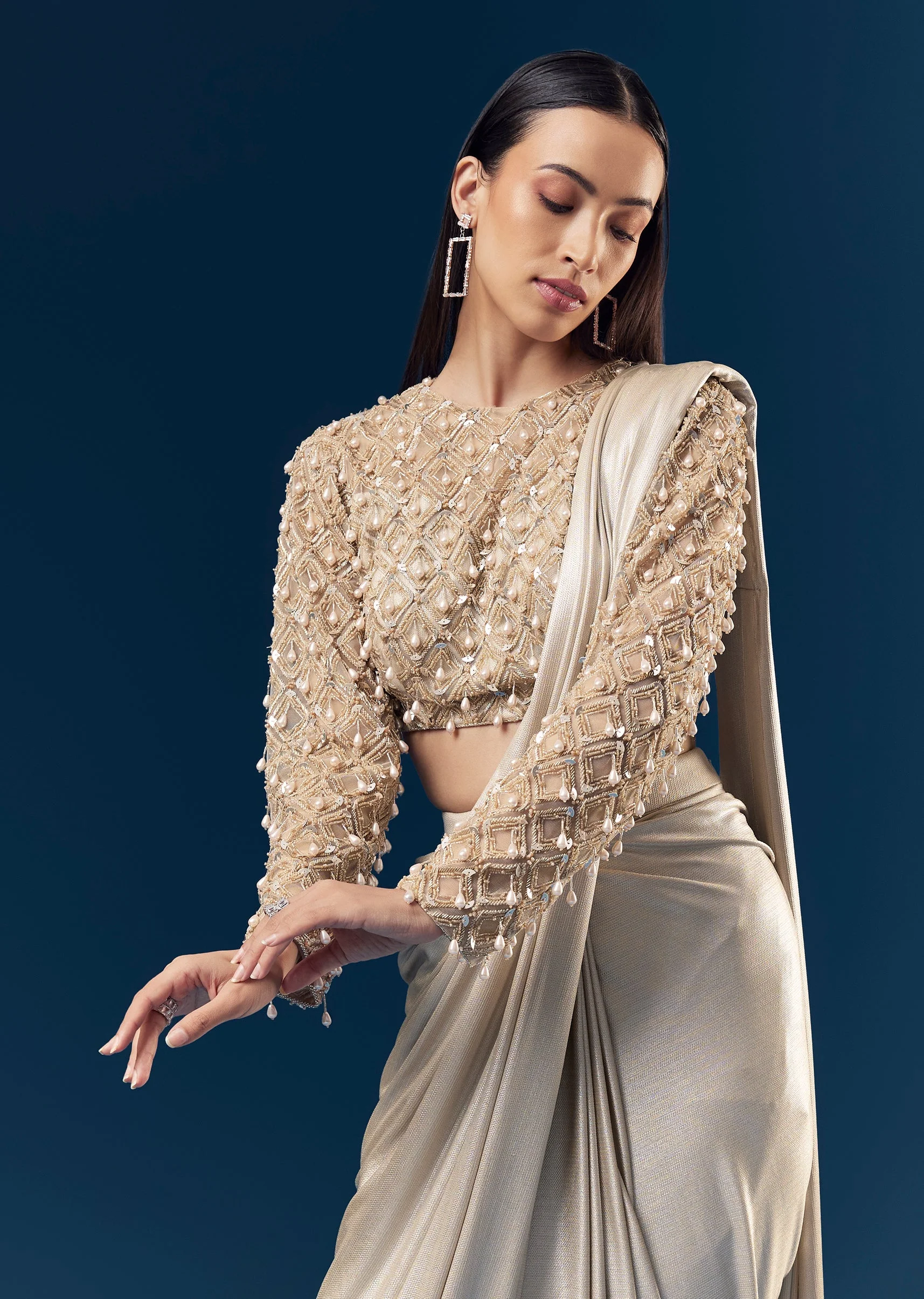 Gold Ready Pleated Saree With Full Sleeve Pearl Detailed Blouse - Image 5
