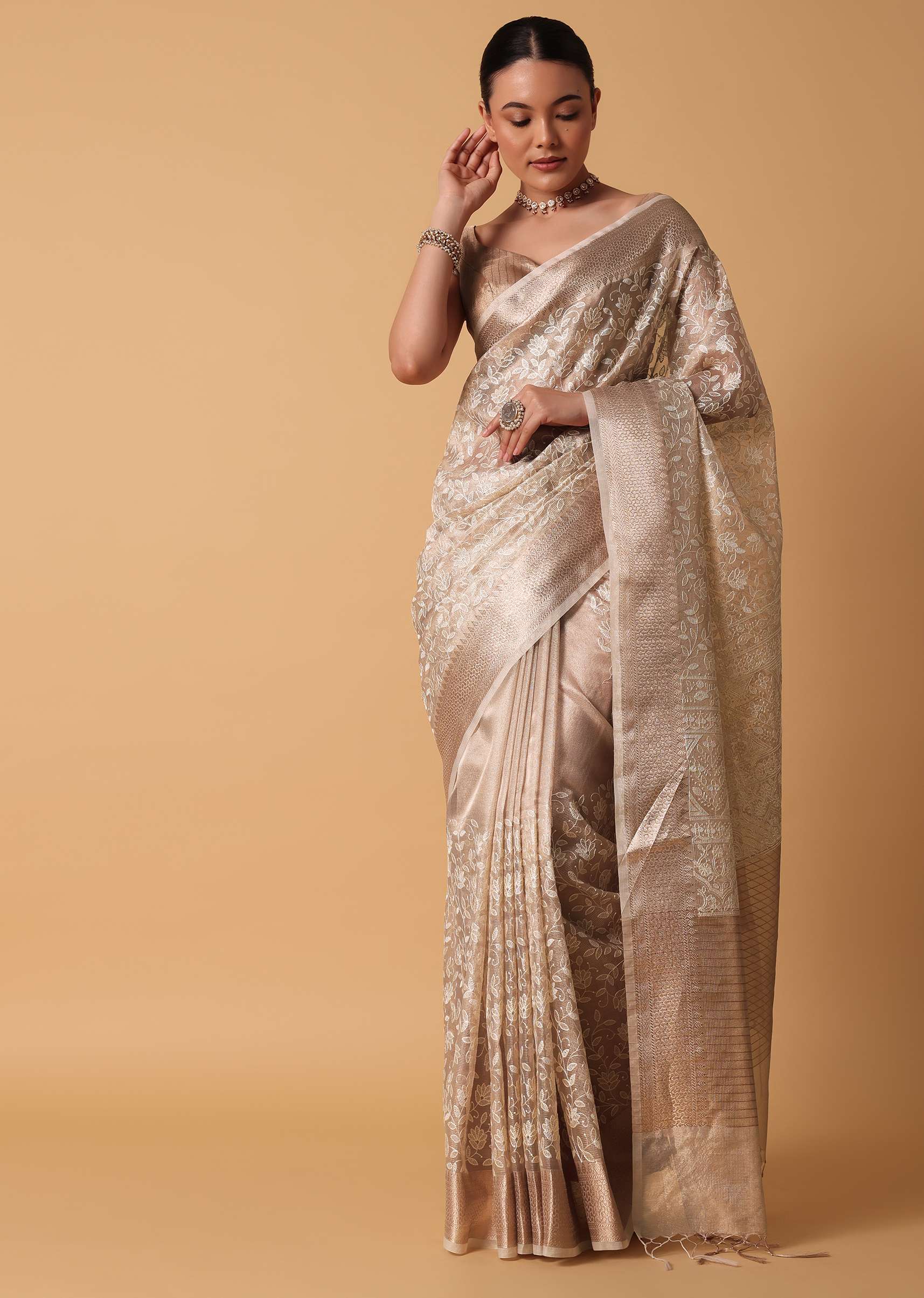 Gold Saree In Chanderi Kora Silk With Zari Work Pallu And Unstitched Blouse Piece - Image 11