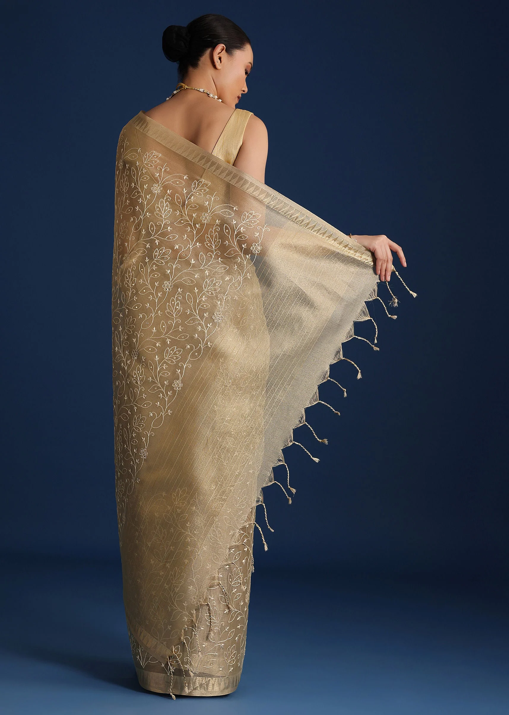 Gold Saree In Tissue Silk with Floral Resham Work - Image 6