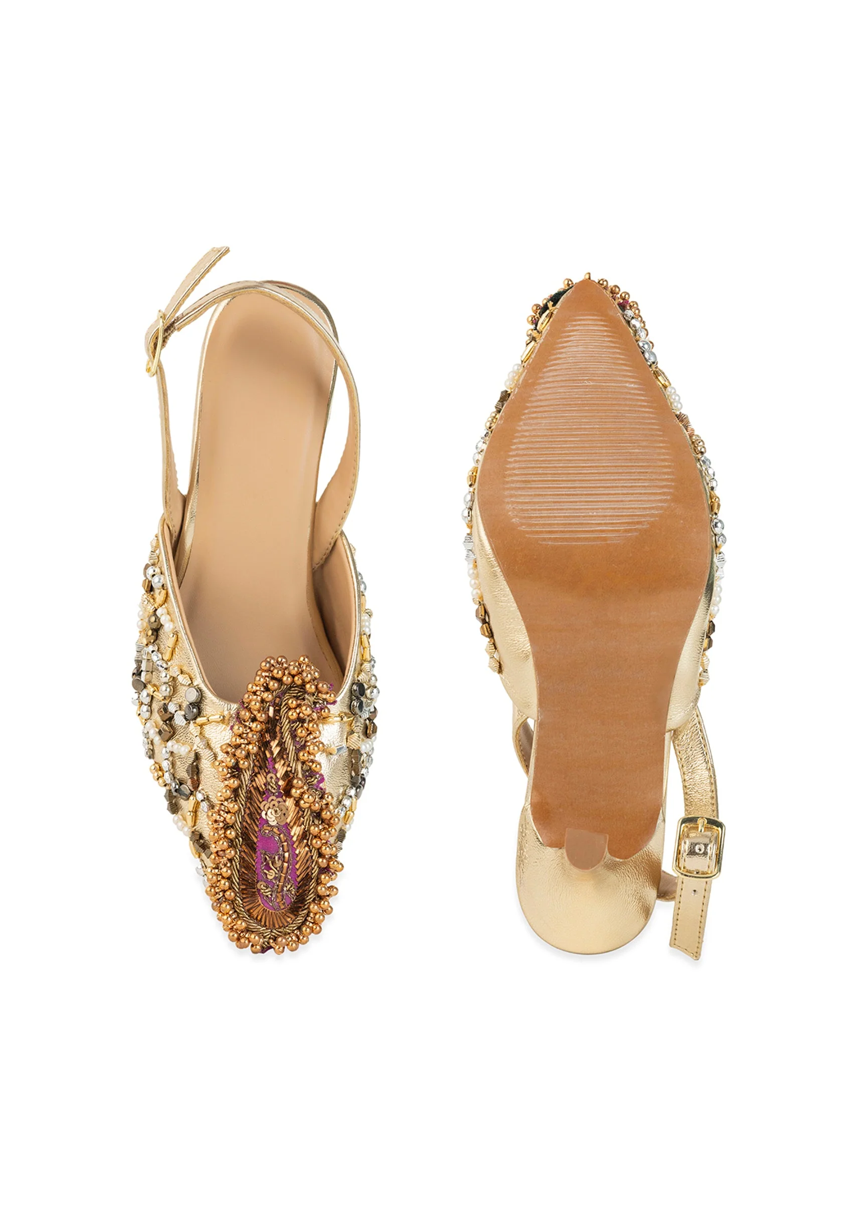 Gold Sequin Embellished Pointed Toe Heels - Image 4