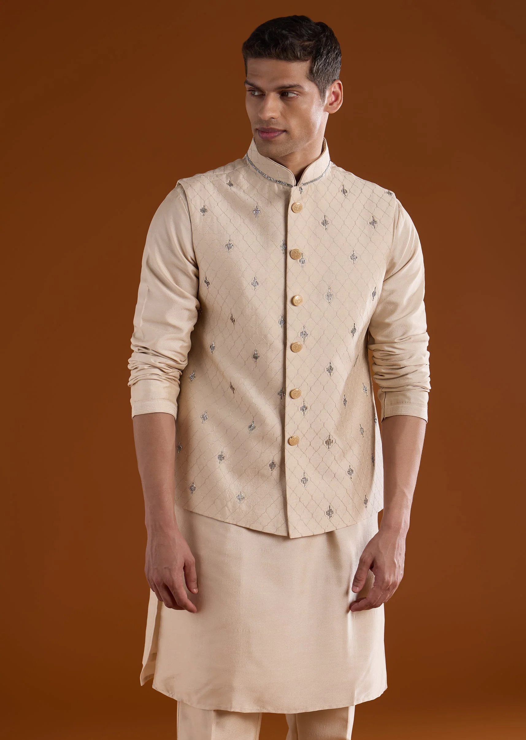 Gold Silk Mens Kurta Jacket Set With Thread Metal And Bead Work - Image 4