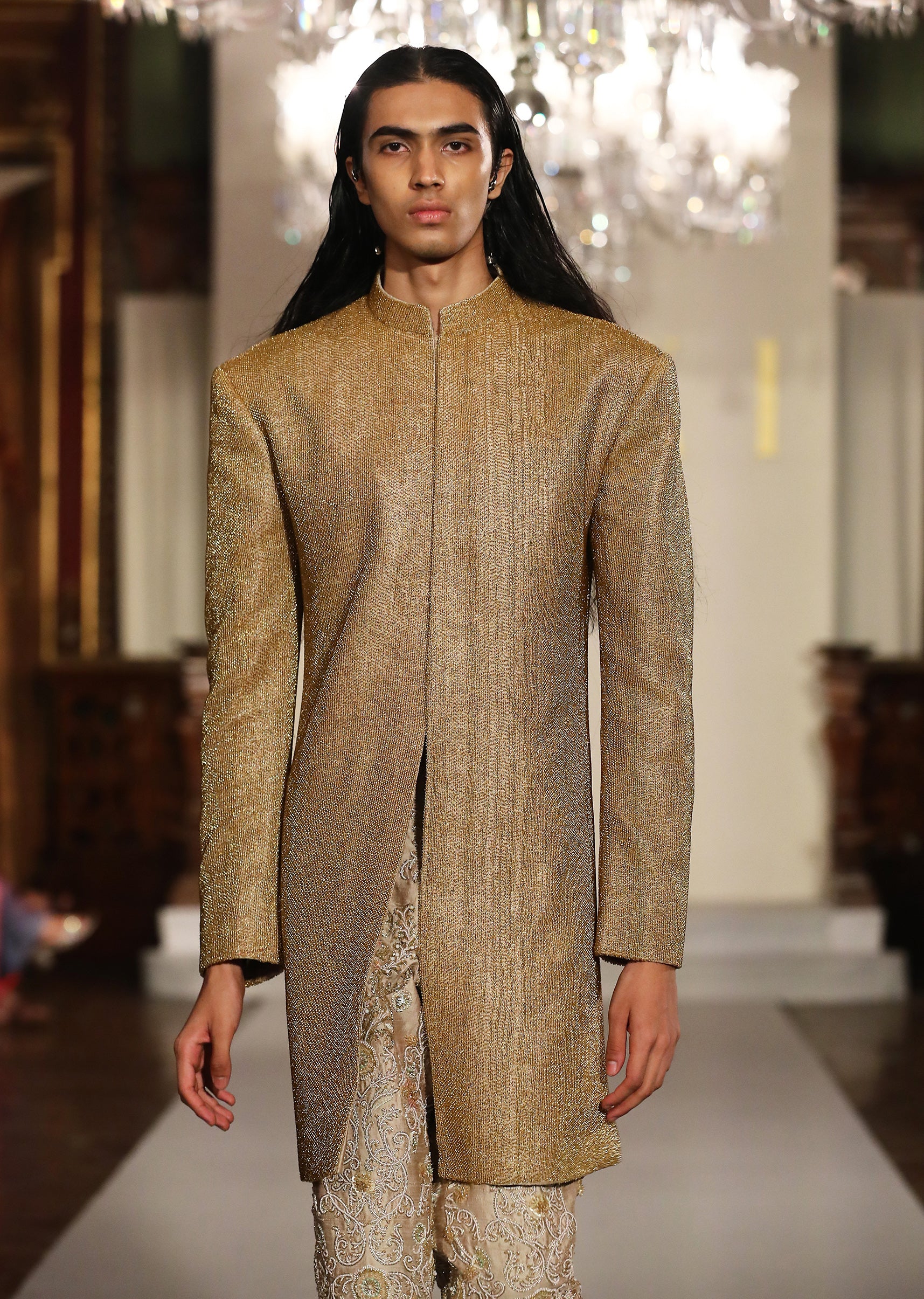 Gold Silk Sherwani For Groom With Hand Embroidery And Bead Work - Image 2