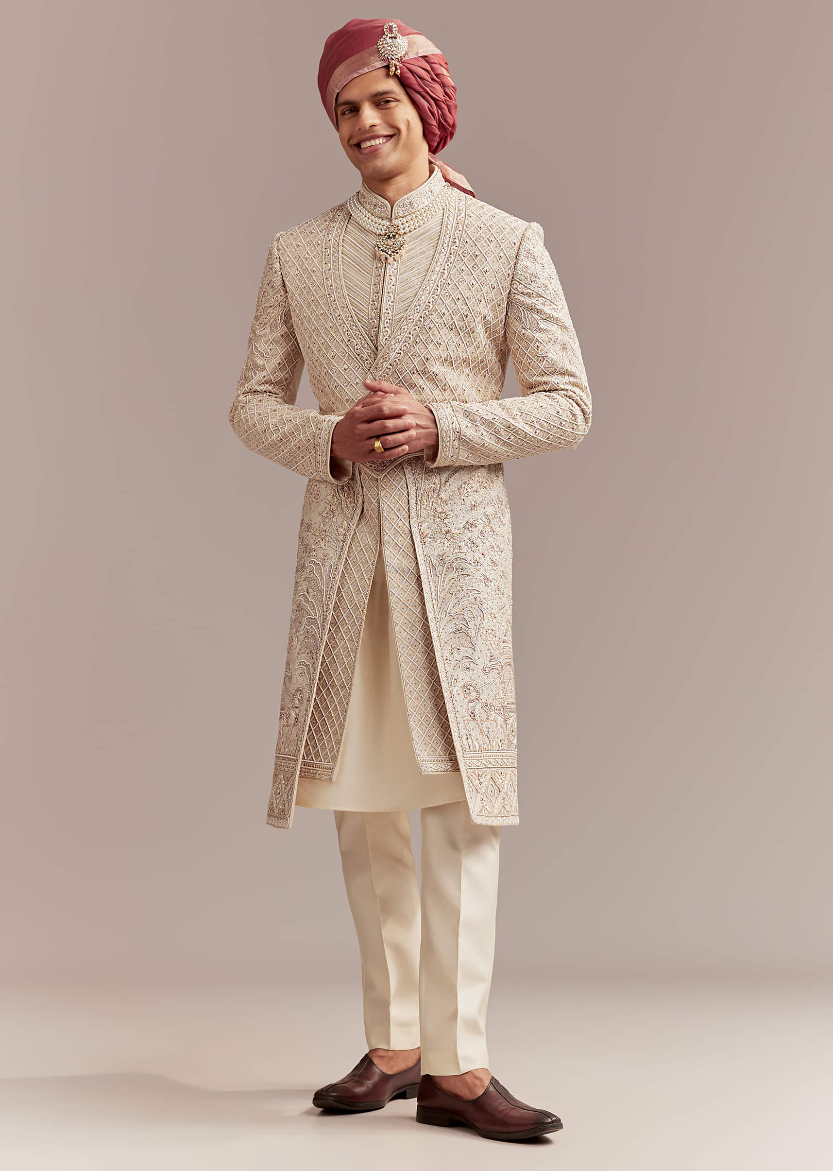 Gold Silk Sherwani For Groom With Intricate Hand Work - Image 3
