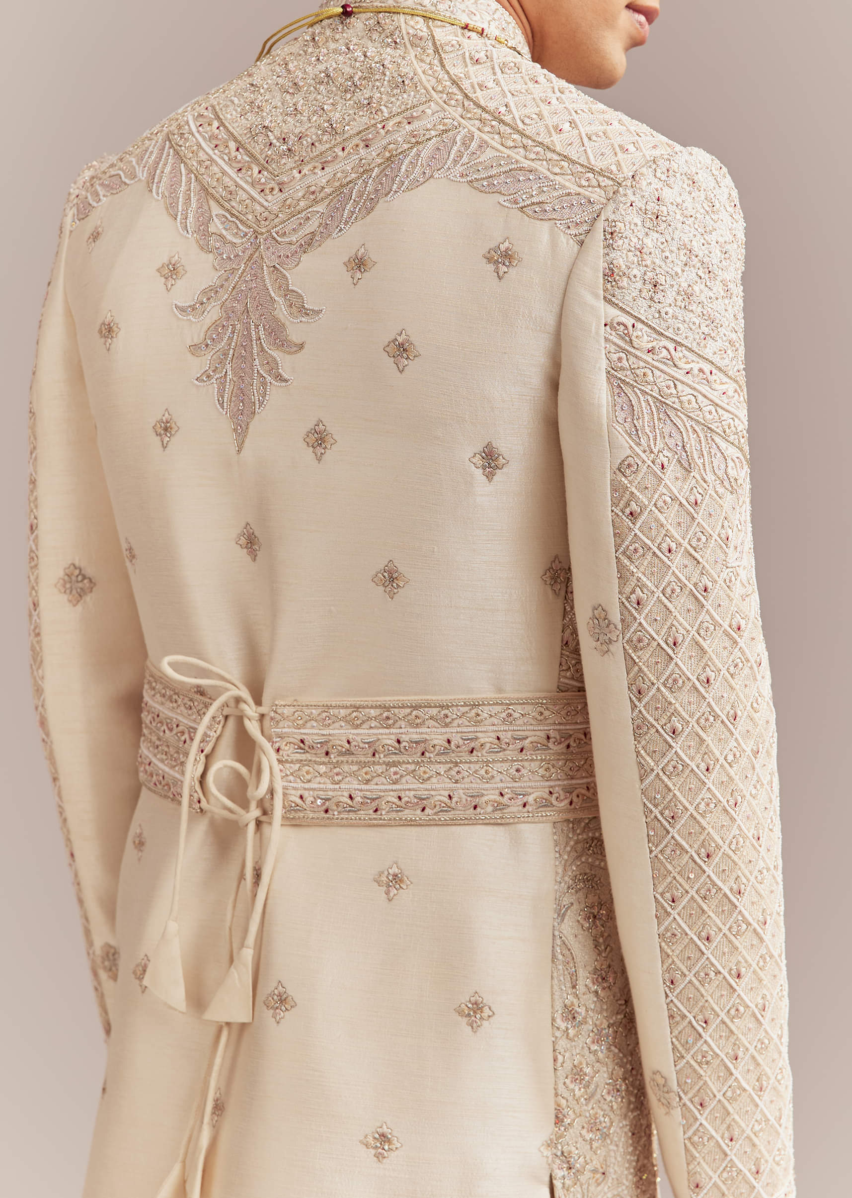 Gold Silk Sherwani For Groom With Intricate Hand Work - Image 6