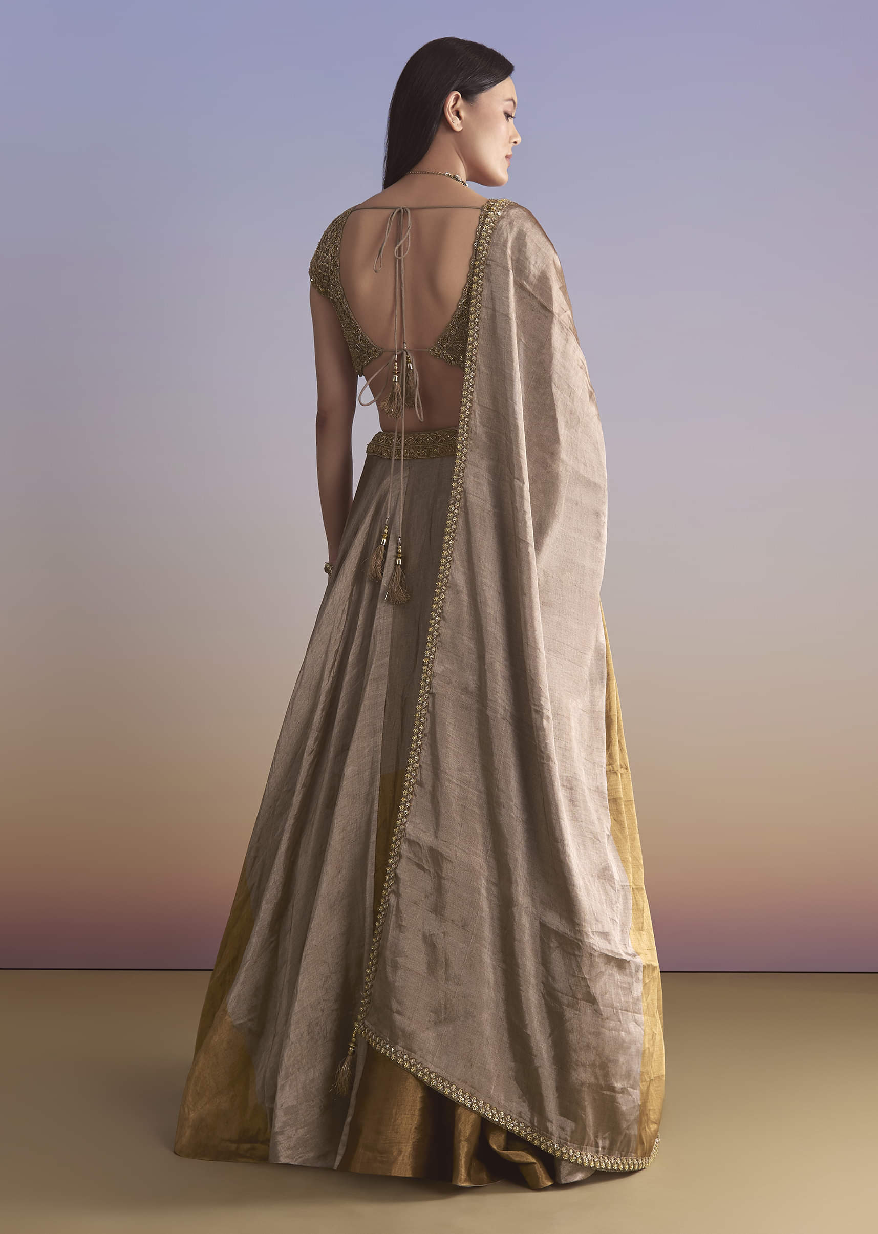 Gold Tissue Bridesmaid Lehenga With Zardosi Embroidery - Image 2