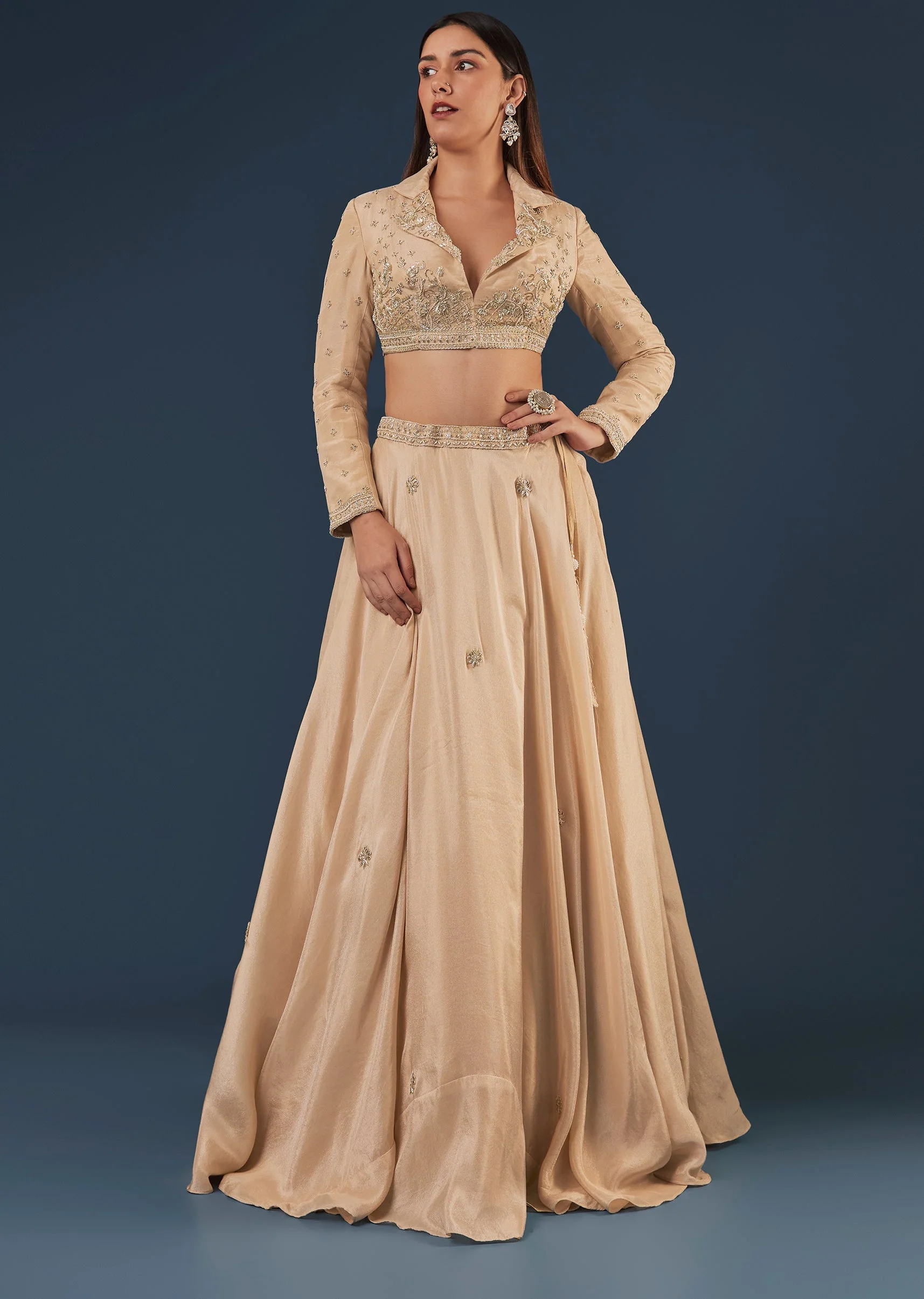Gold Tissue Lehenga Set With Full Sleeve Embellished Blouse Jacket - Image 4