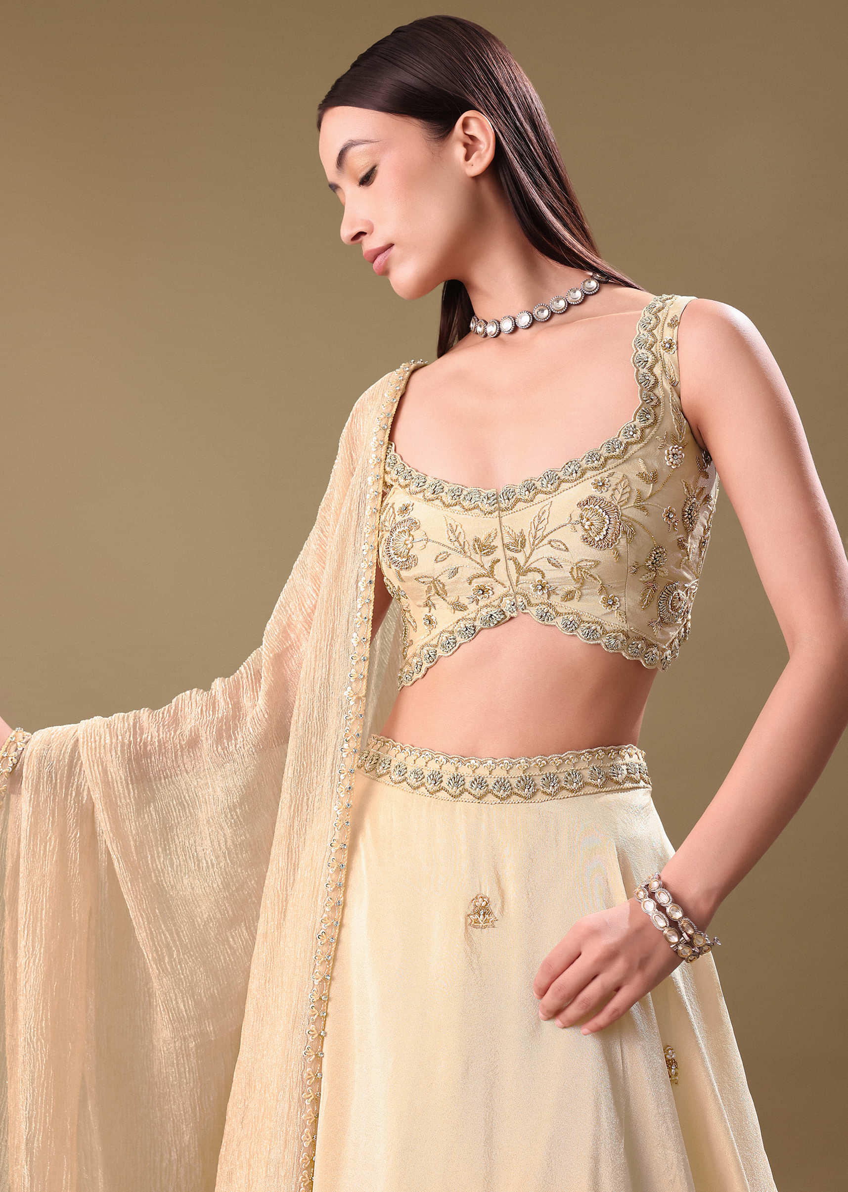 Gold Tissue Lehenga With Hand Embroidered Blouse Set - Image 4
