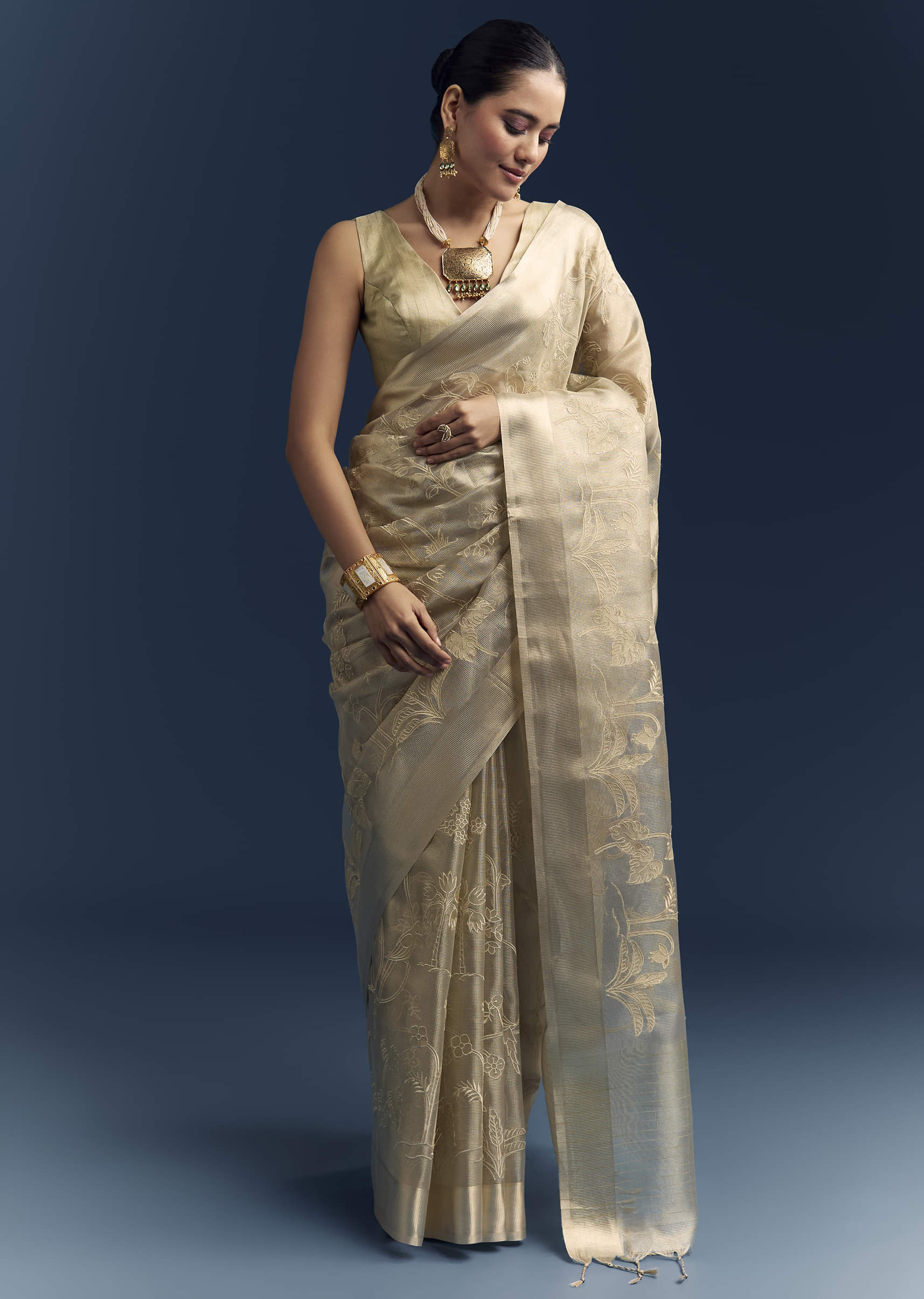 Gold Tissue Organza Saree With Zari And Resham Work - Image 3