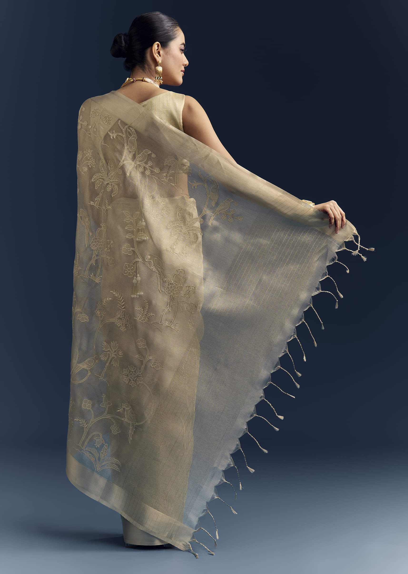 Gold Tissue Organza Saree With Zari And Resham Work - Image 4