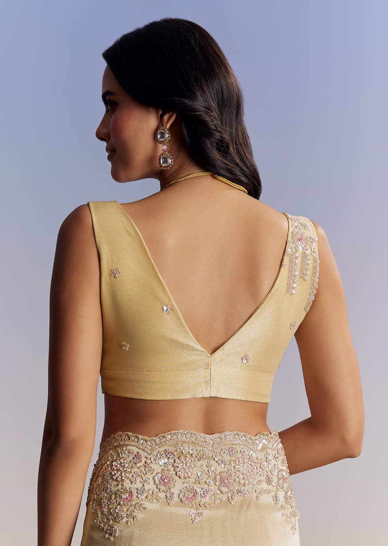 Gold Tissue Saree With Cut Dana Embroidery - Image 8