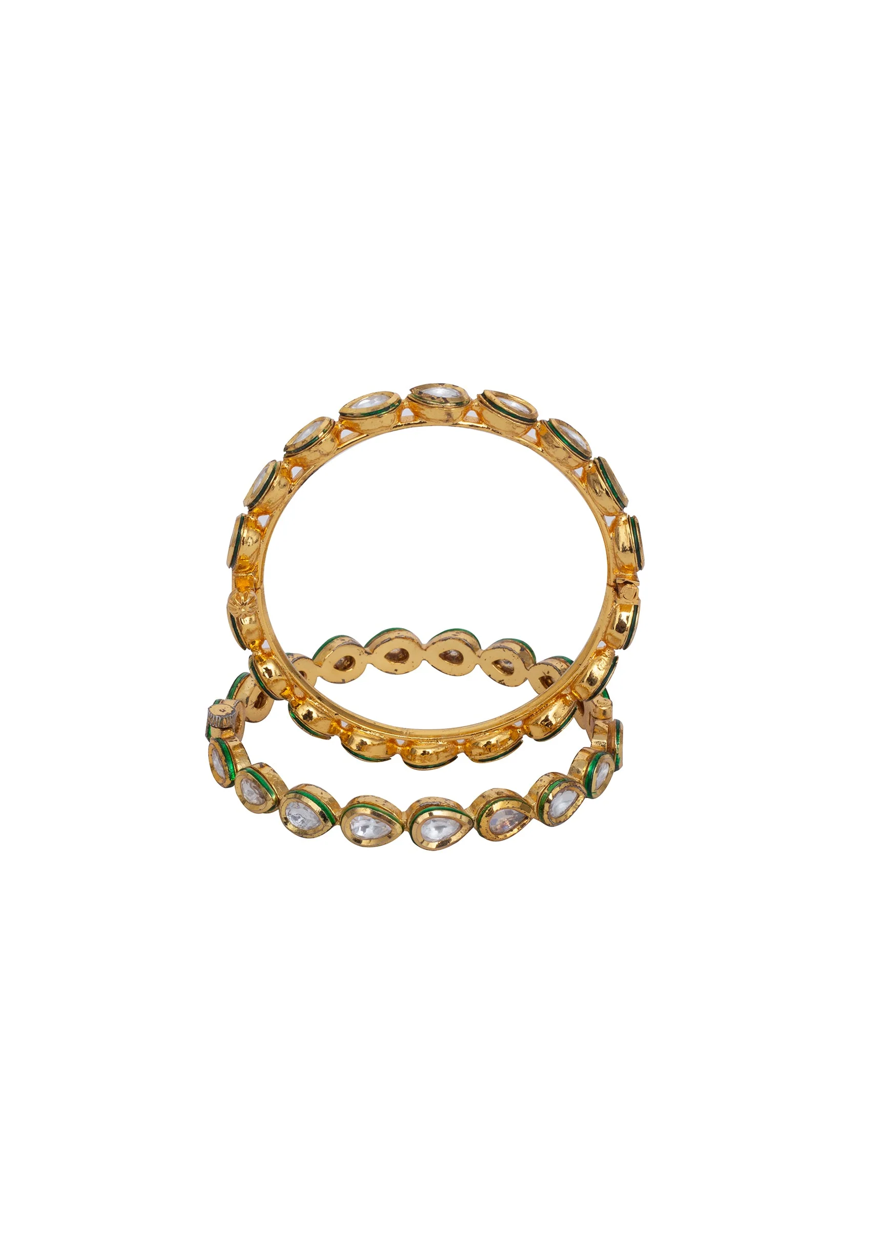 Gold Tone Bangles With Teardrop White Stones And Green Enamel - Image 3