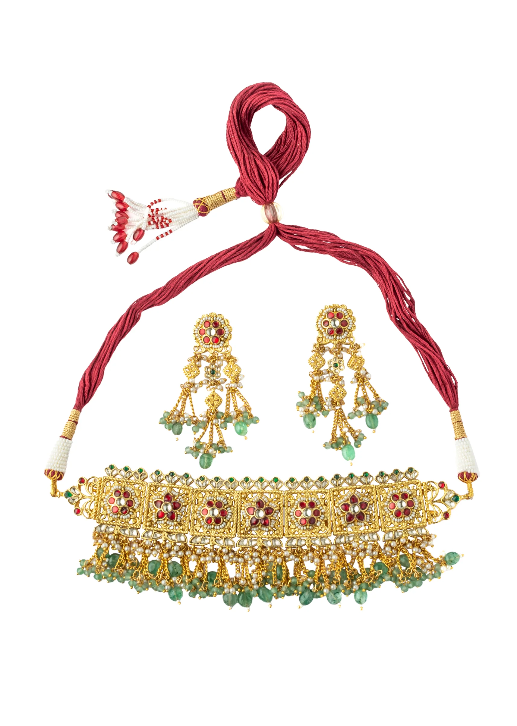 Gold Tone Choker Set With Red Green Stone And Pearl Drops Embellishments - Image 5