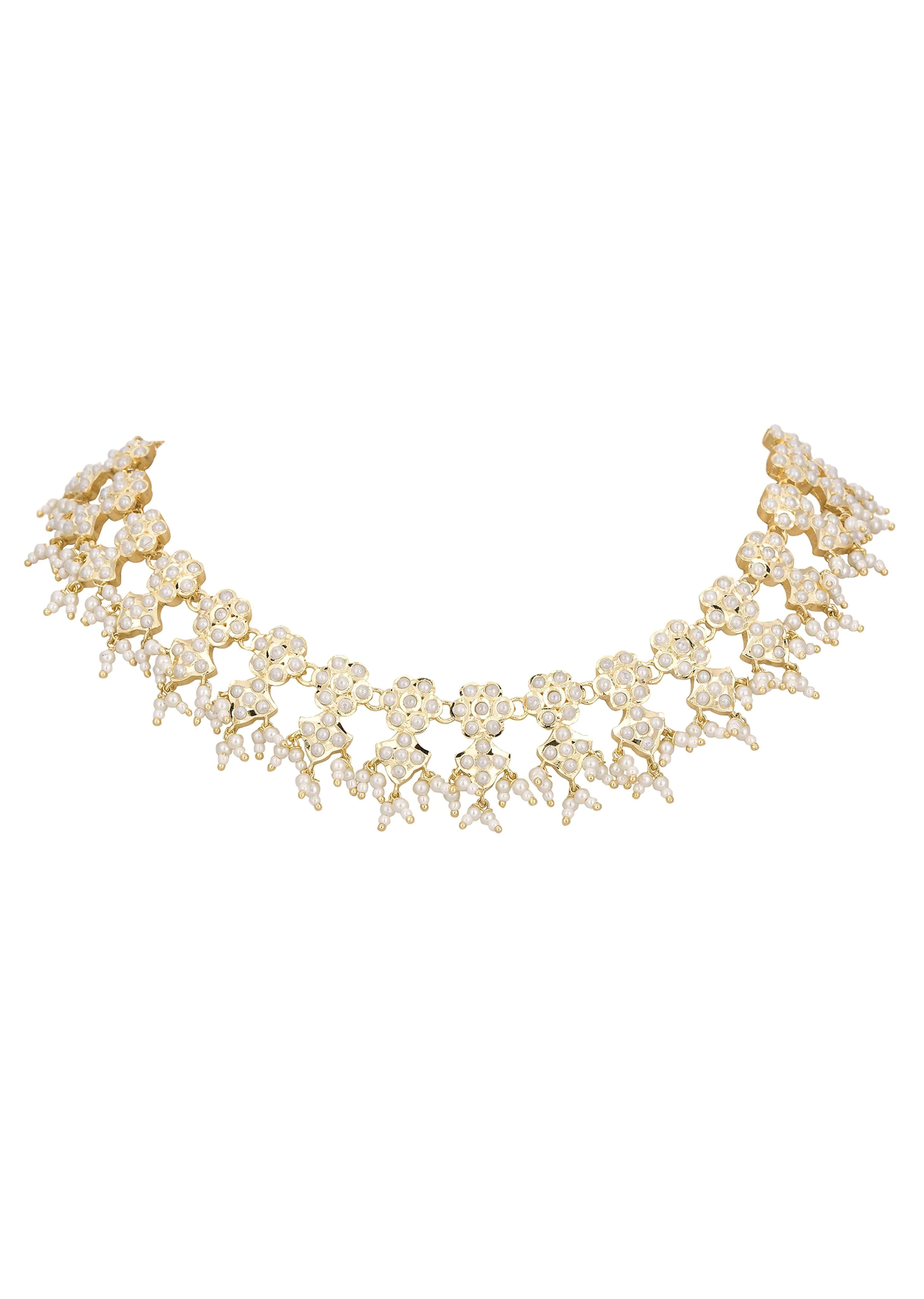 Gold Tone Kundan Choker Necklace Set With Beads - Image 4