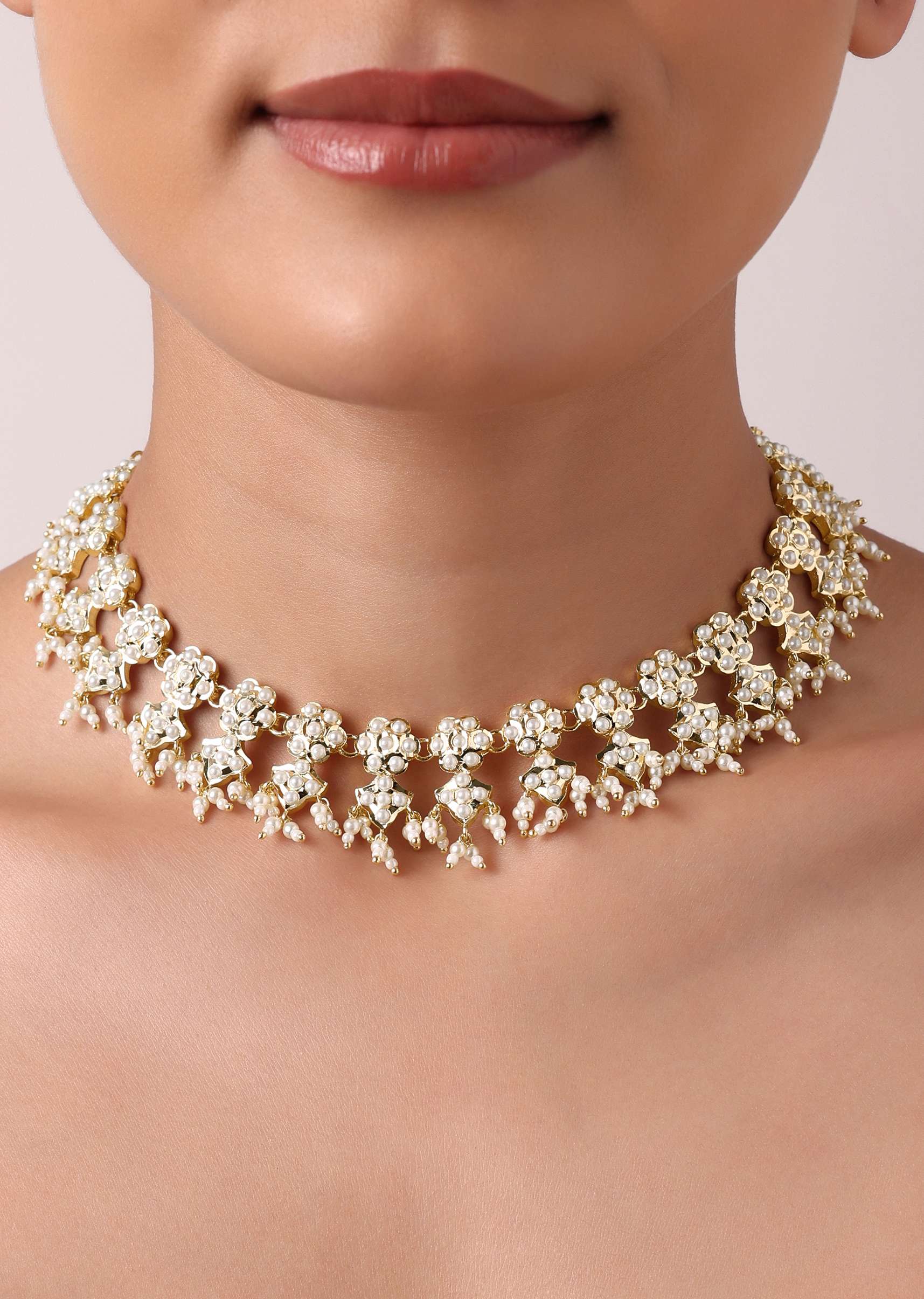 Gold Tone Kundan Choker Necklace Set With Beads - Image 5