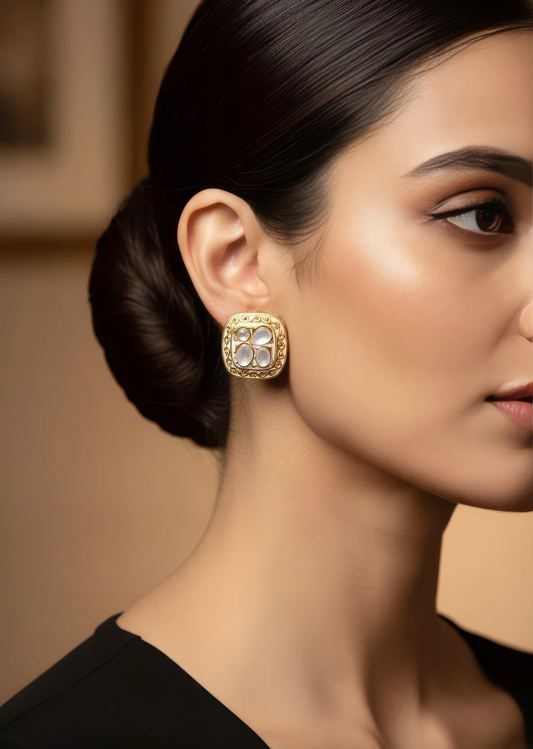 Gold Toned Earrings In Stud Style With Enamel And Stone Detailing