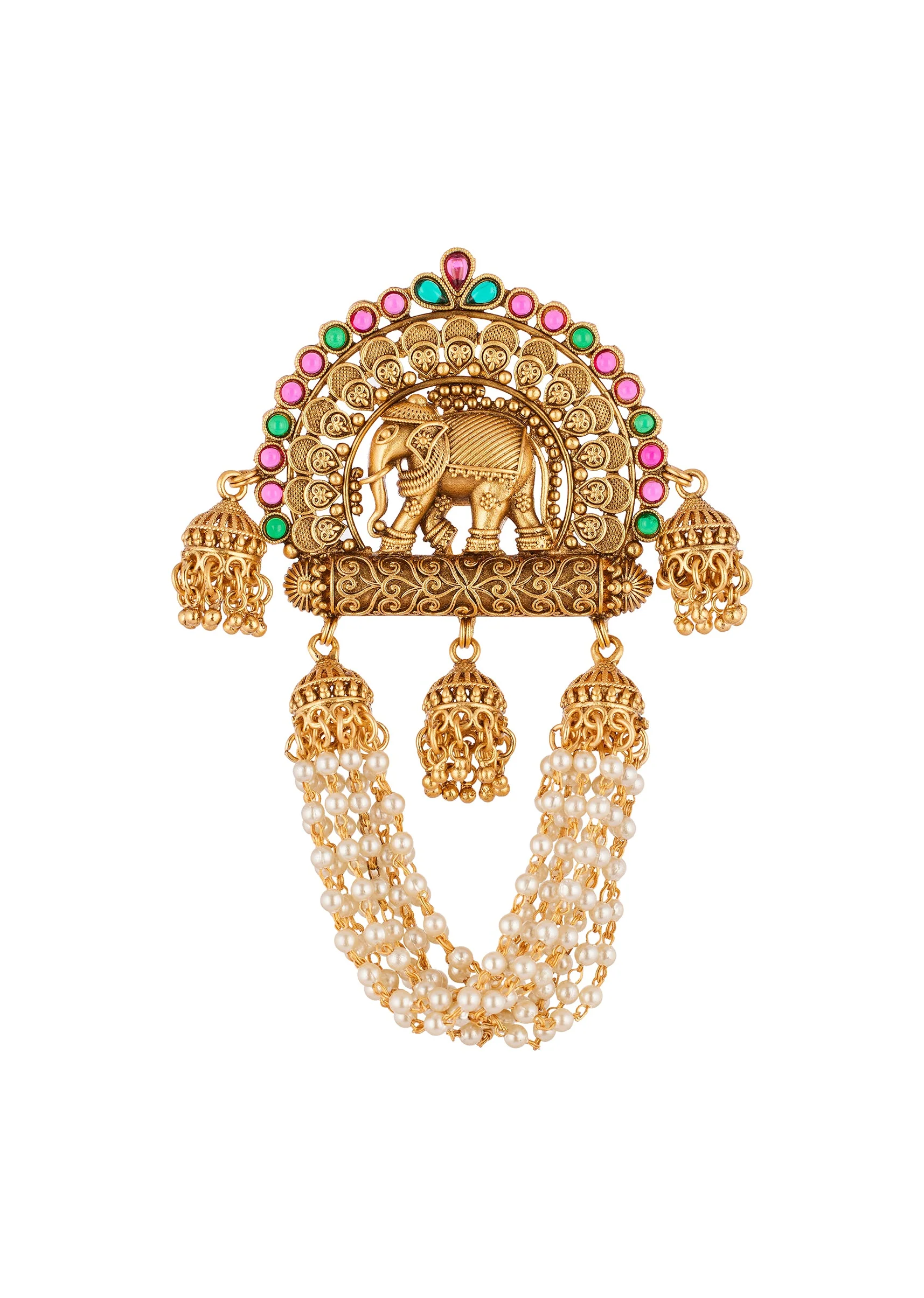 Gold Toned Hair Pin With Temple Style Motifs And White Pink and Green Simulated Stones - Image 2