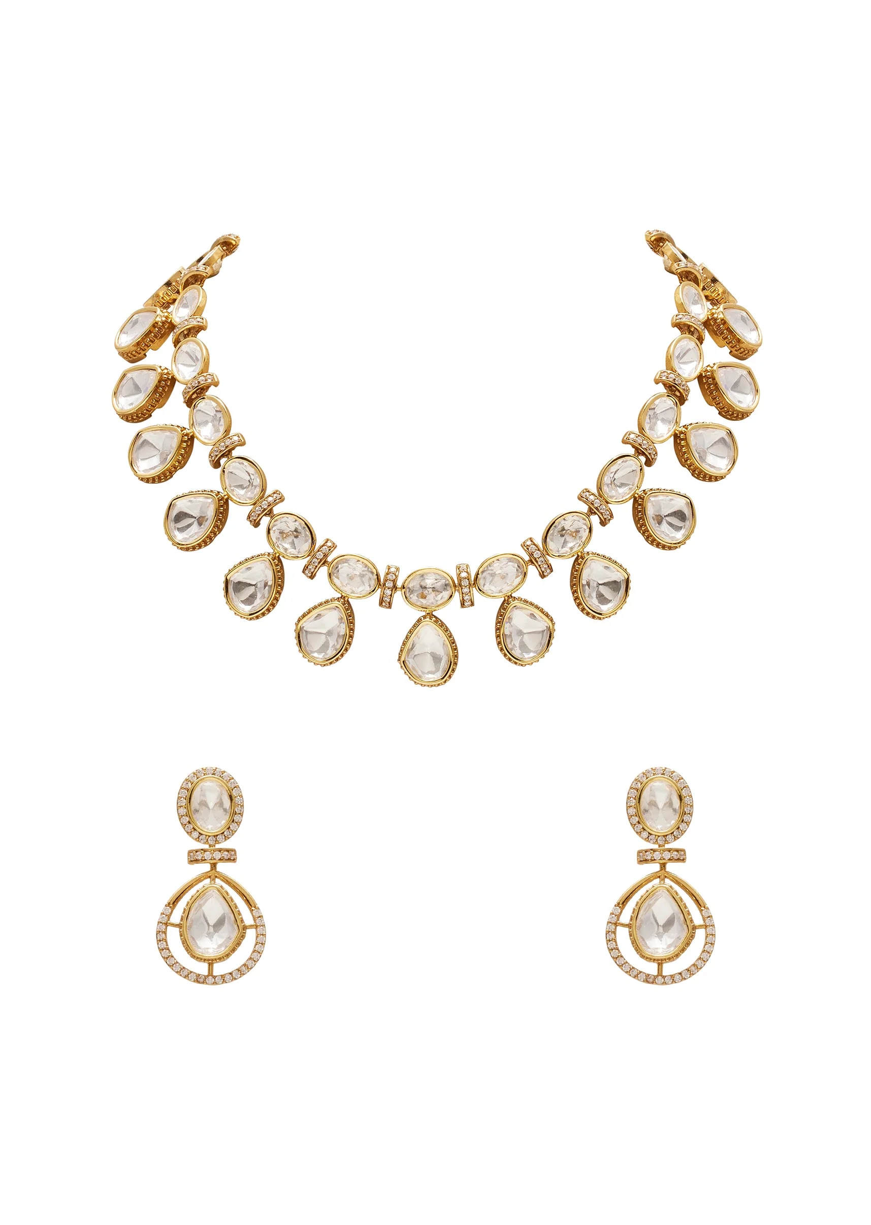 Gold Toned Polki Pearl Drop Necklace Set - Image 2