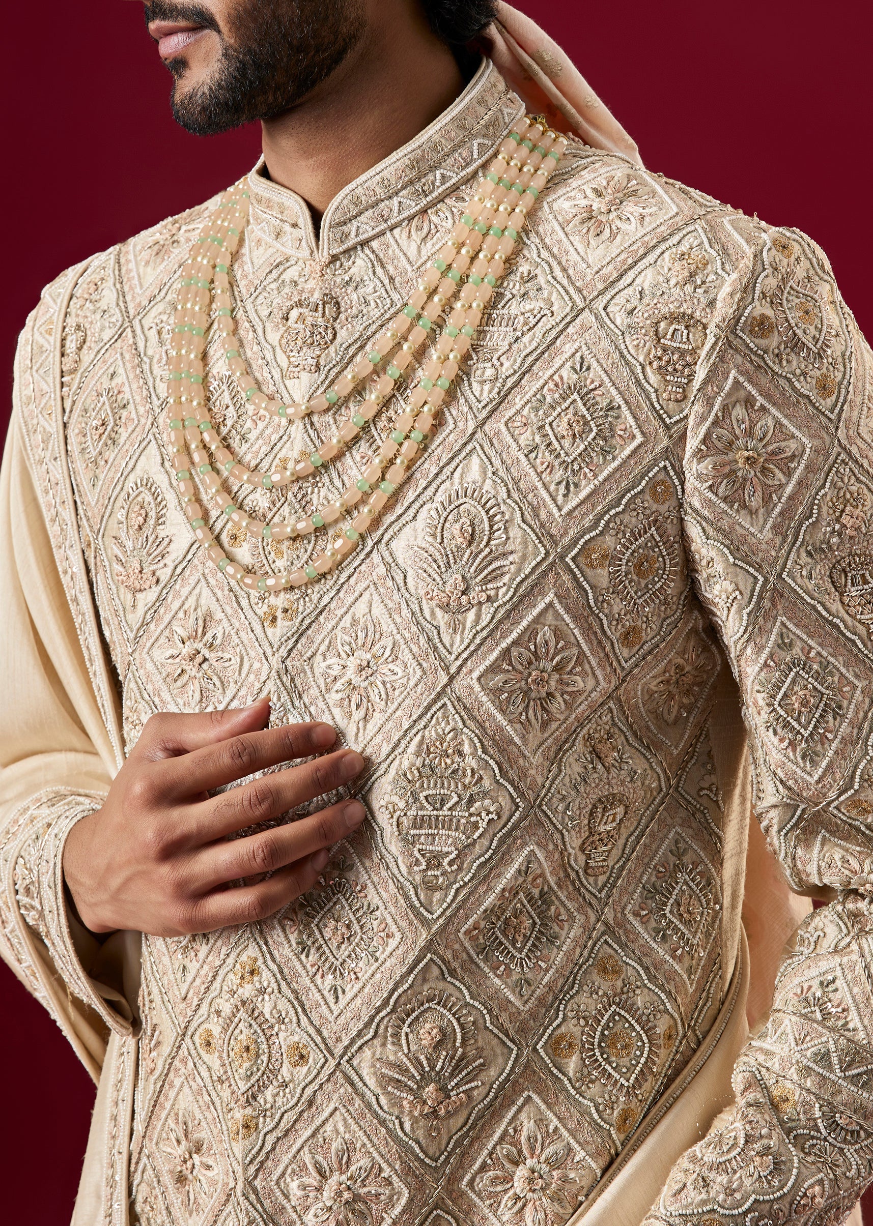 Gold Tussar Sherwani Set With Zardosi Work - Image 5