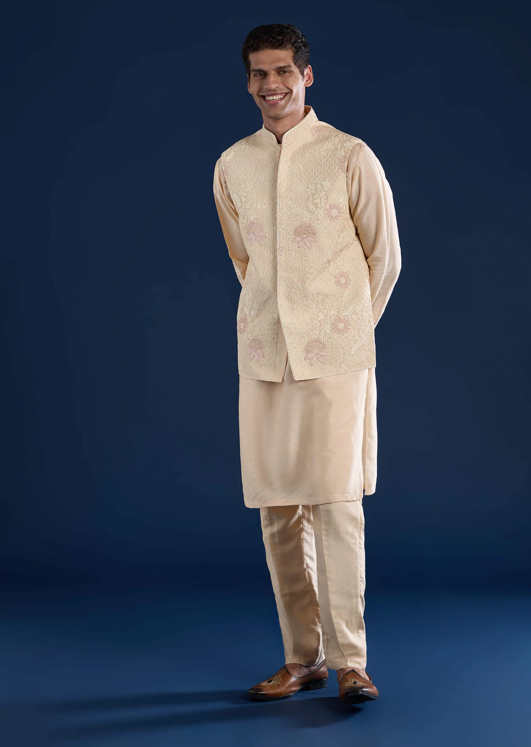 Gold Viscose Jacket Kurta Set with Dori Work - Image 3