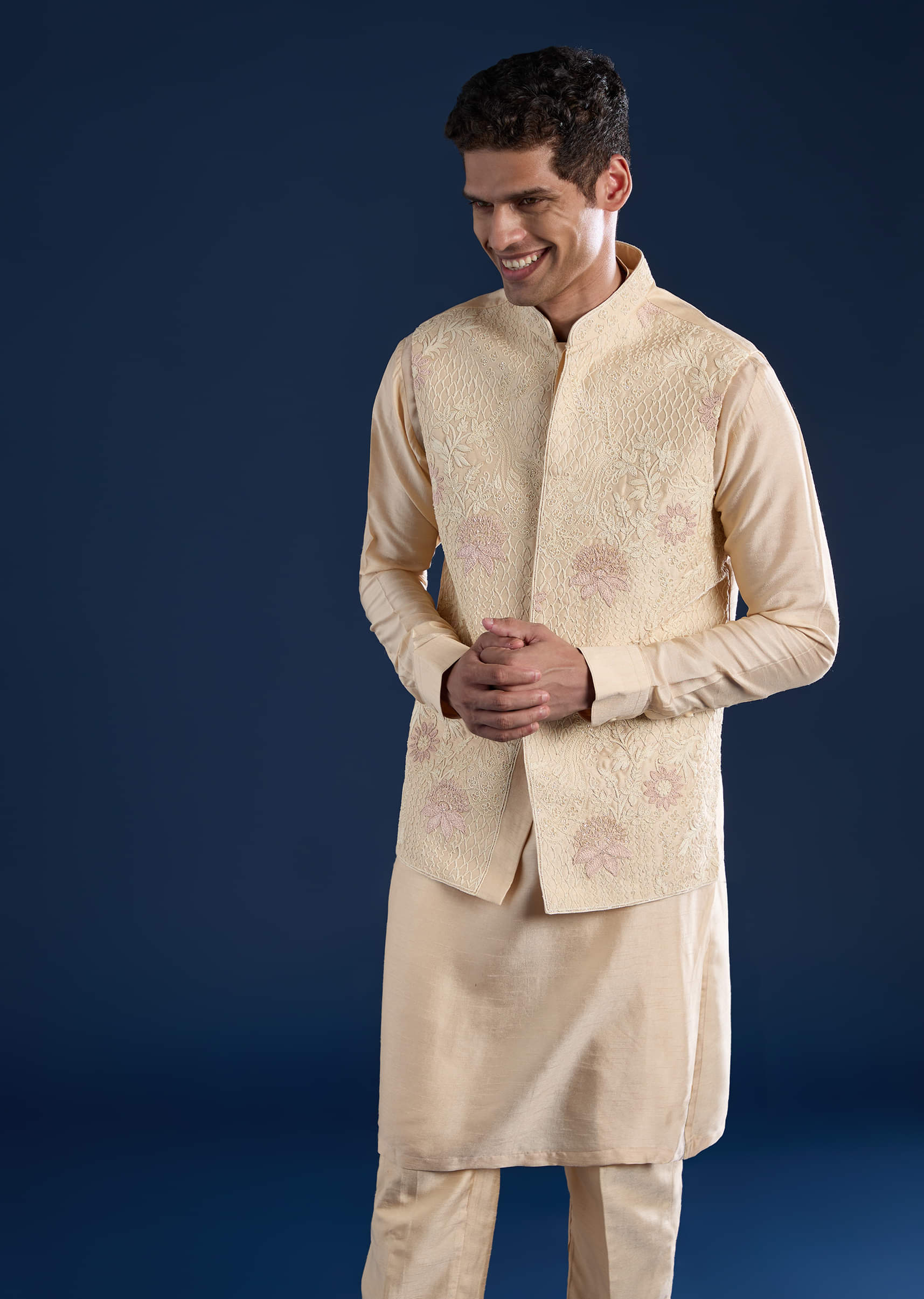 Gold Viscose Jacket Kurta Set with Dori Work - Image 4
