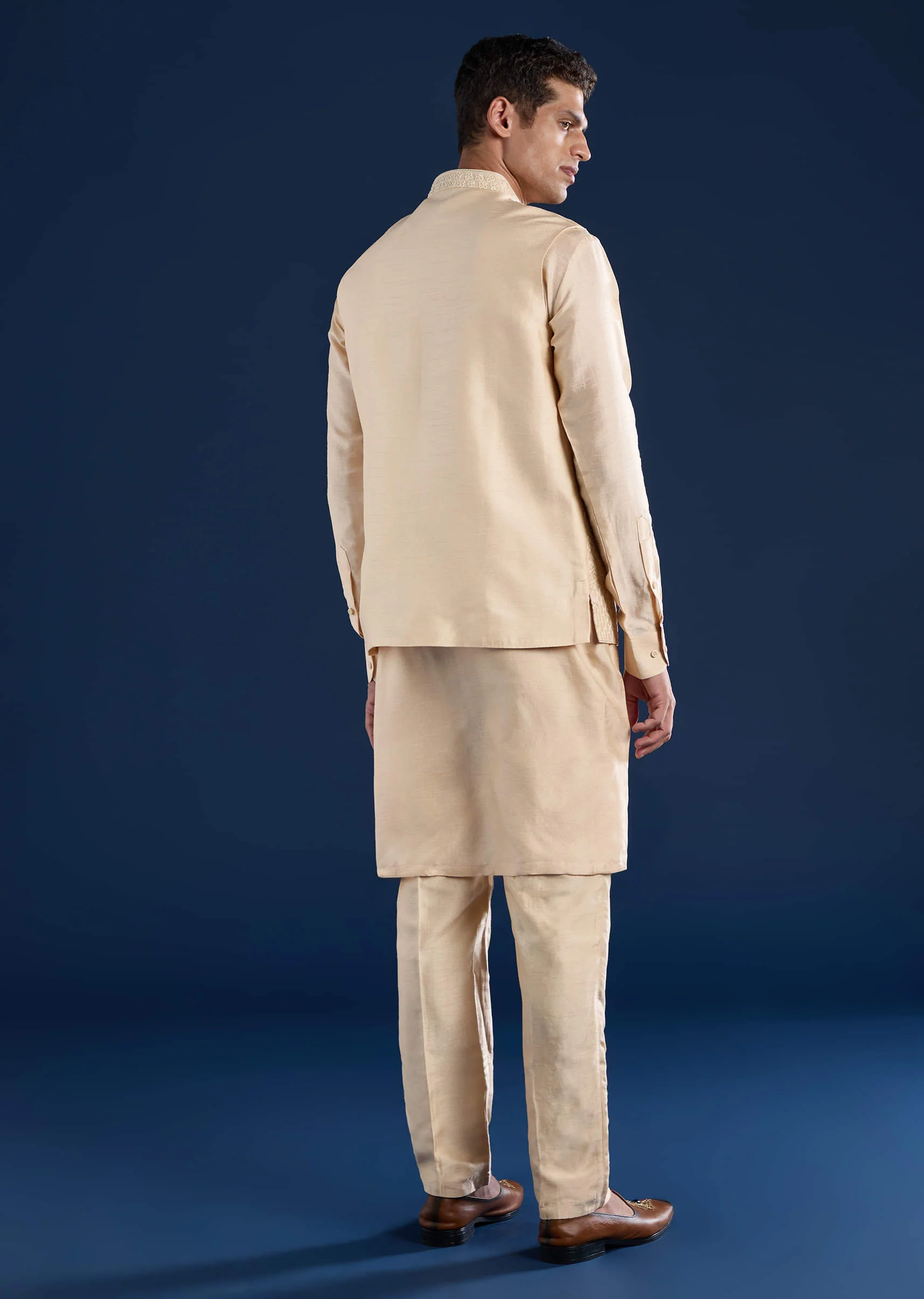 Gold Viscose Jacket Kurta Set with Dori Work - Image 5