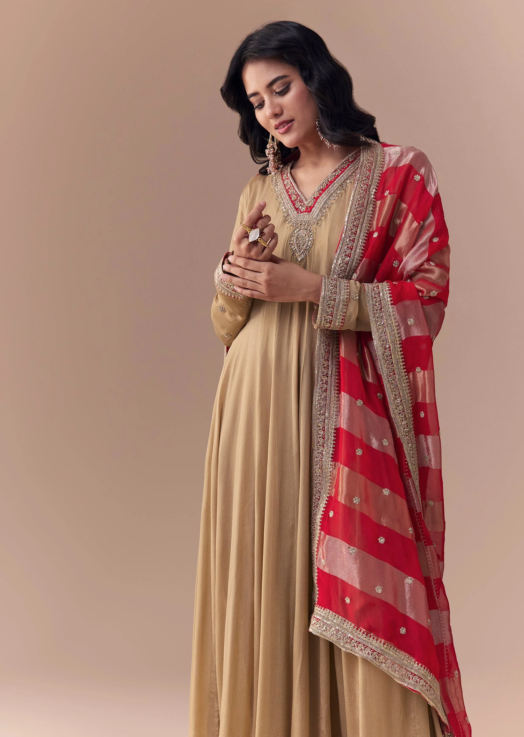 Gold Zardozi Embellished Anarkali with Dupatta - Image 5