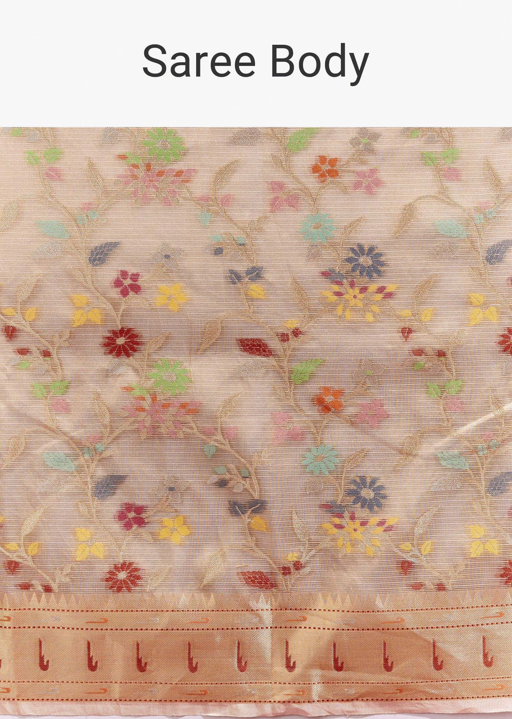 Golden Banarasi Tissue Saree With Multicolour Floral Weave And Paithani Motif Border - Image 9