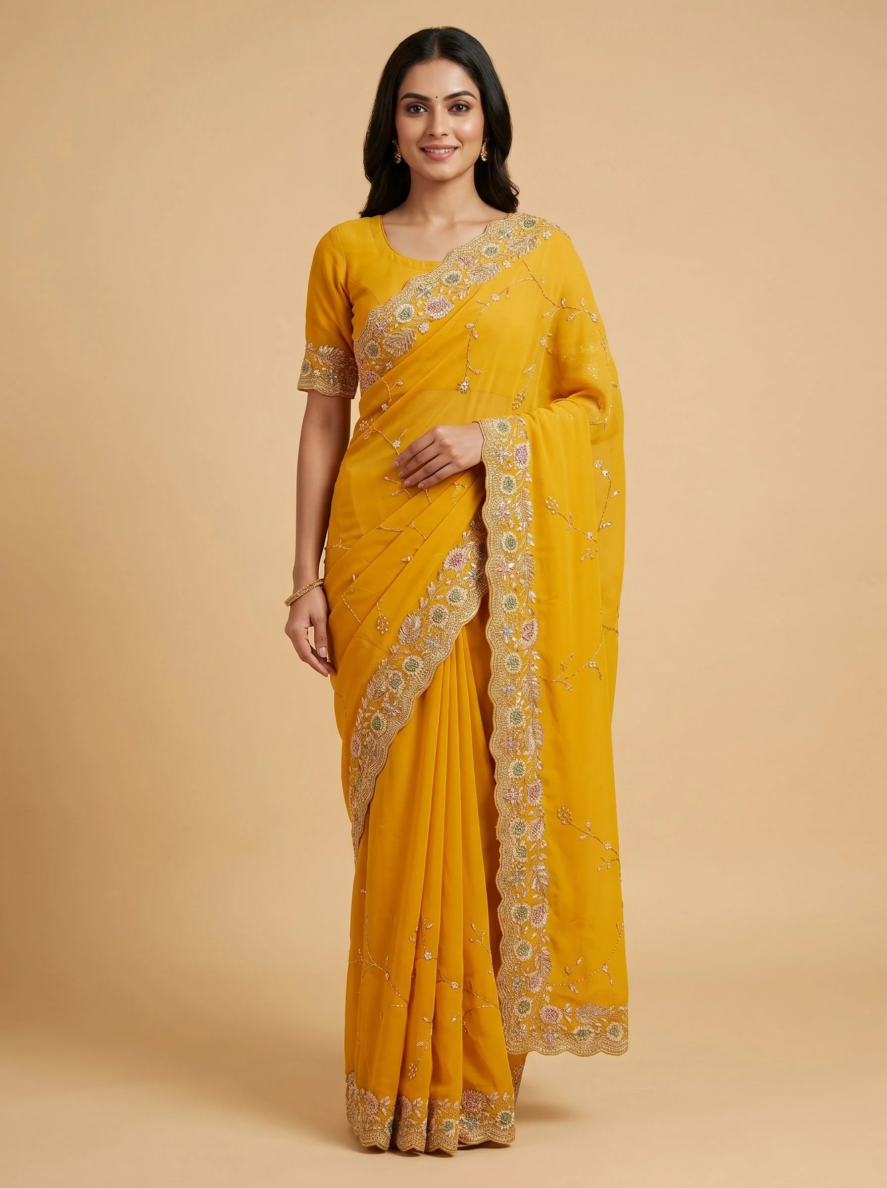 Golden Yellow Embroidered Saree