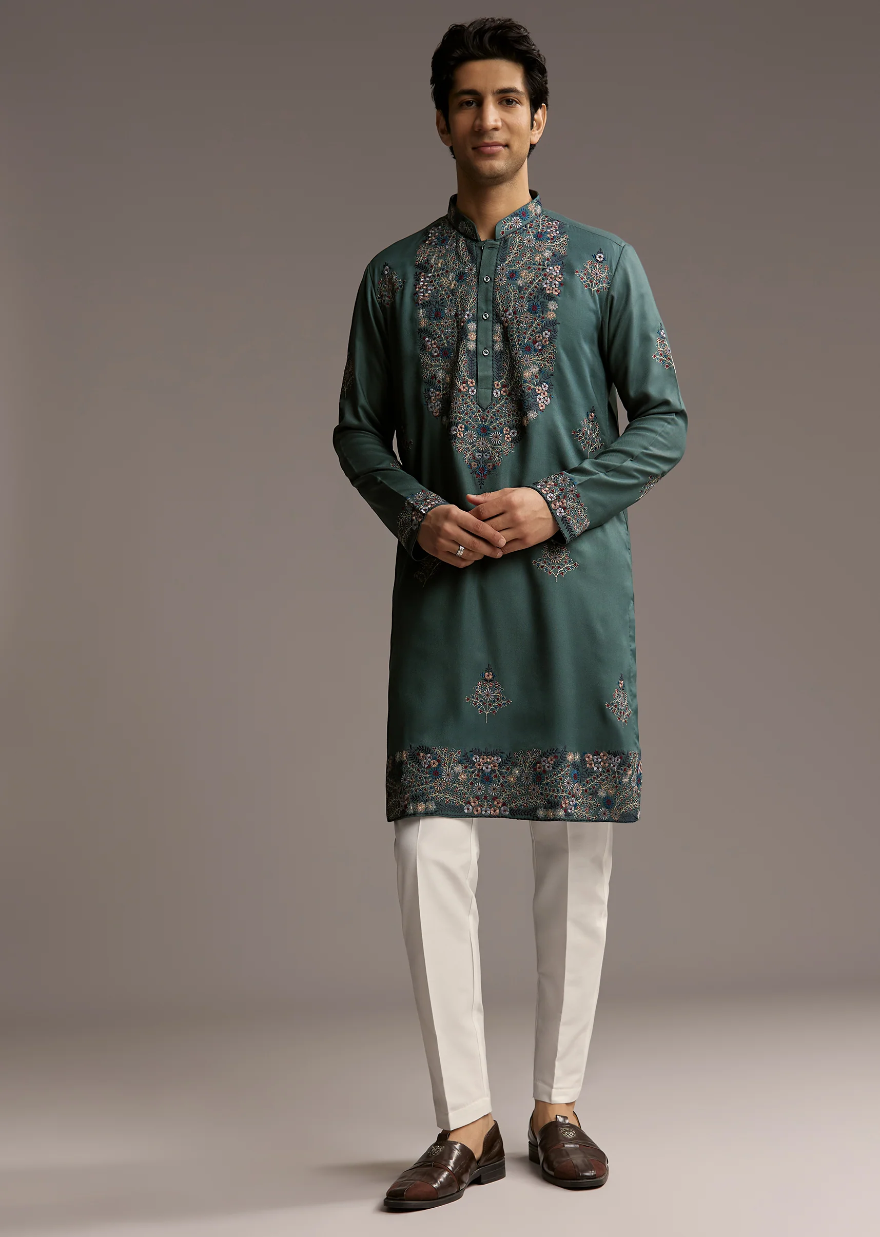 Graceful Couple Set – Teal Green Organza Silk Saree For Her And Green Modal Kurta Set With Hand Embroidery For Him - Image 10