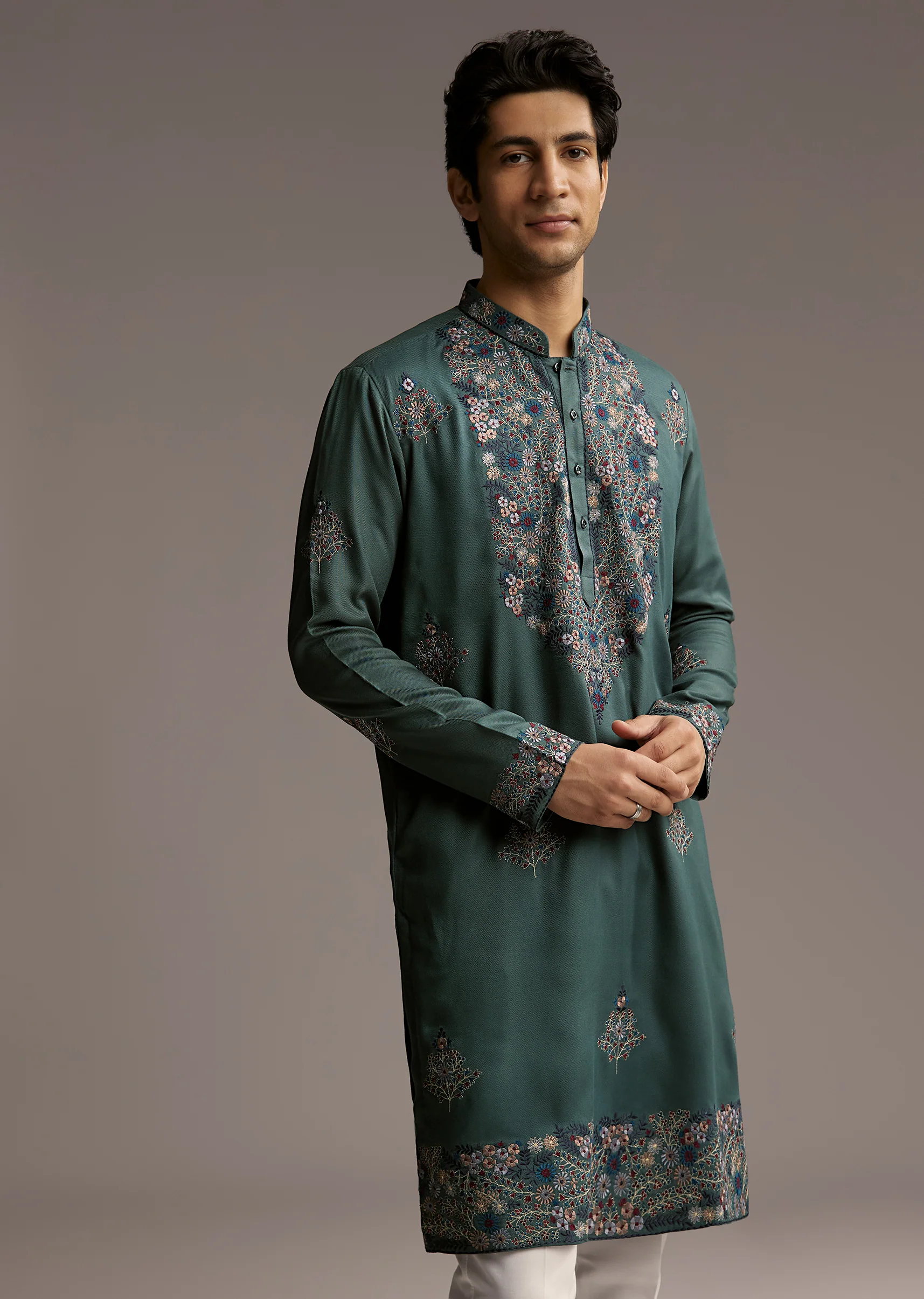 Graceful Couple Set – Teal Green Organza Silk Saree For Her And Green Modal Kurta Set With Hand Embroidery For Him - Image 11