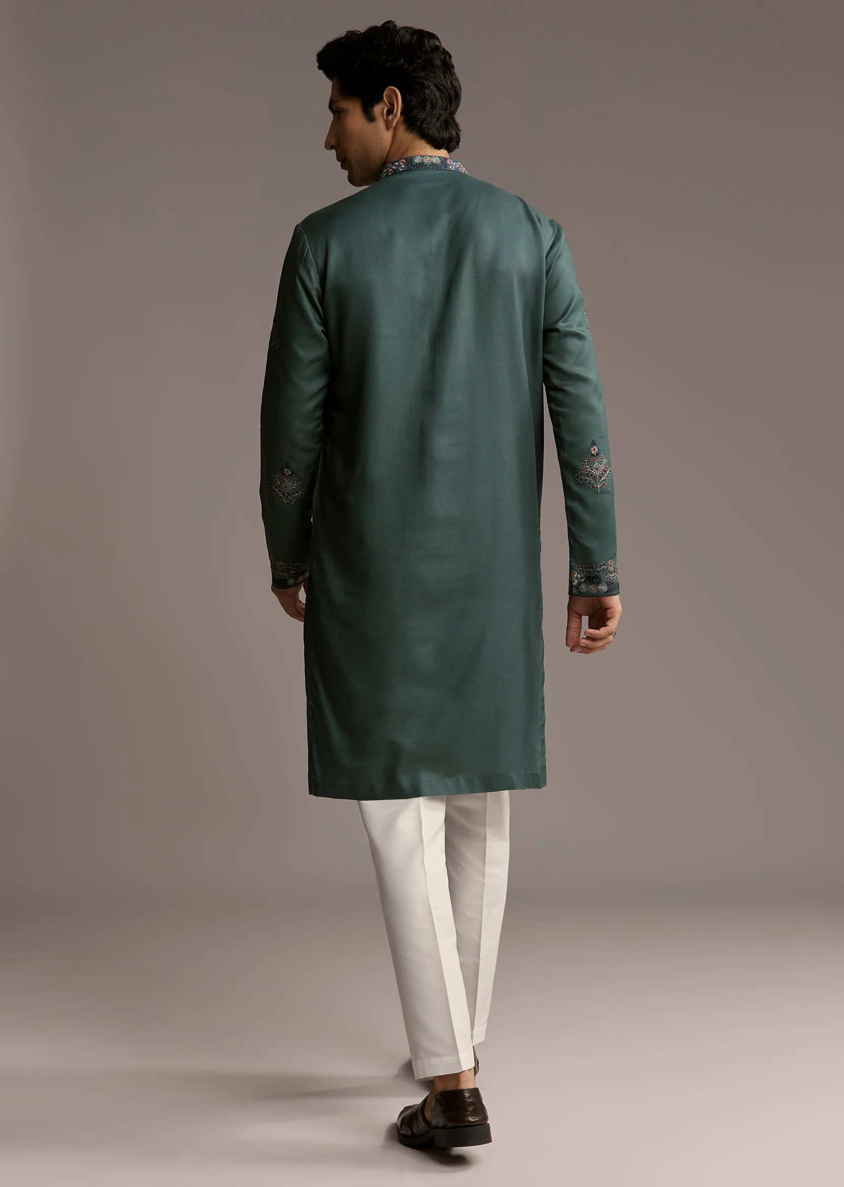 Graceful Couple Set – Teal Green Organza Silk Saree For Her And Green Modal Kurta Set With Hand Embroidery For Him - Image 12