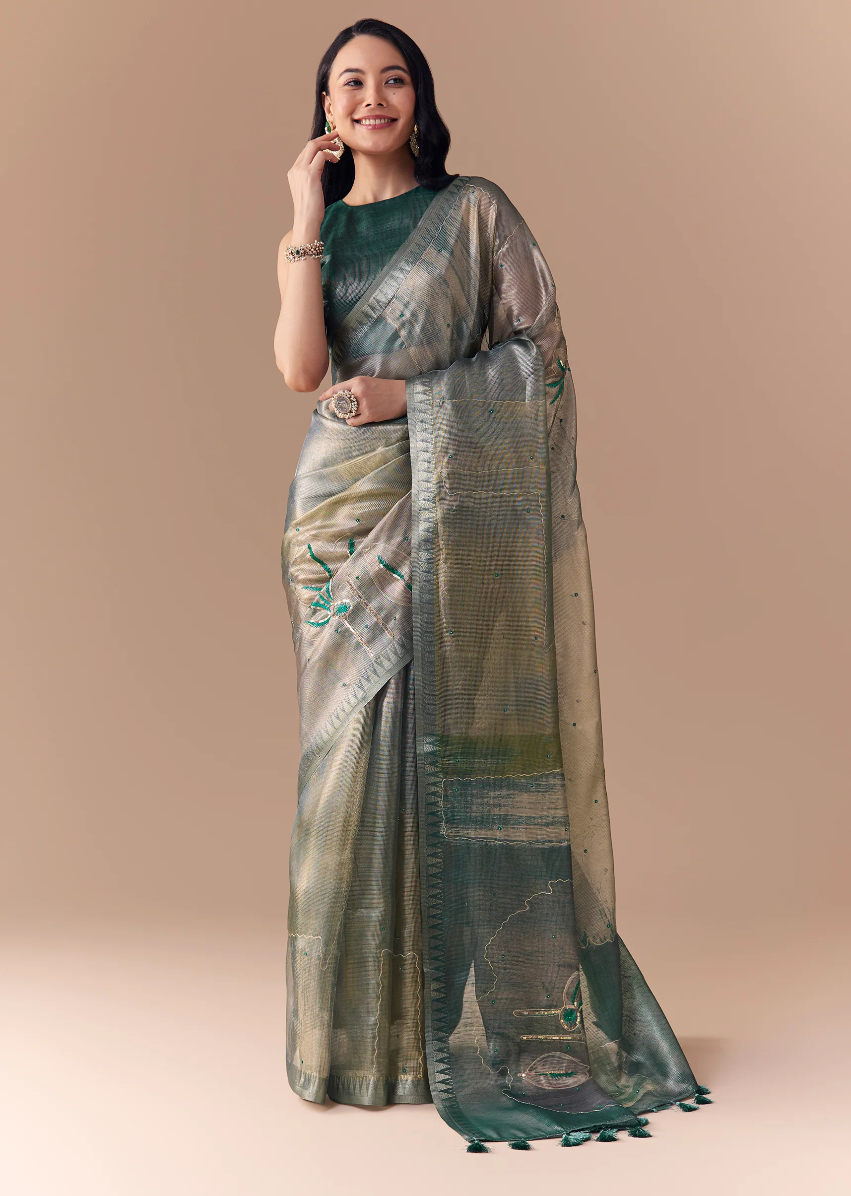 Graceful Couple Set – Teal Green Organza Silk Saree For Her And Green Modal Kurta Set With Hand Embroidery For Him - Image 3