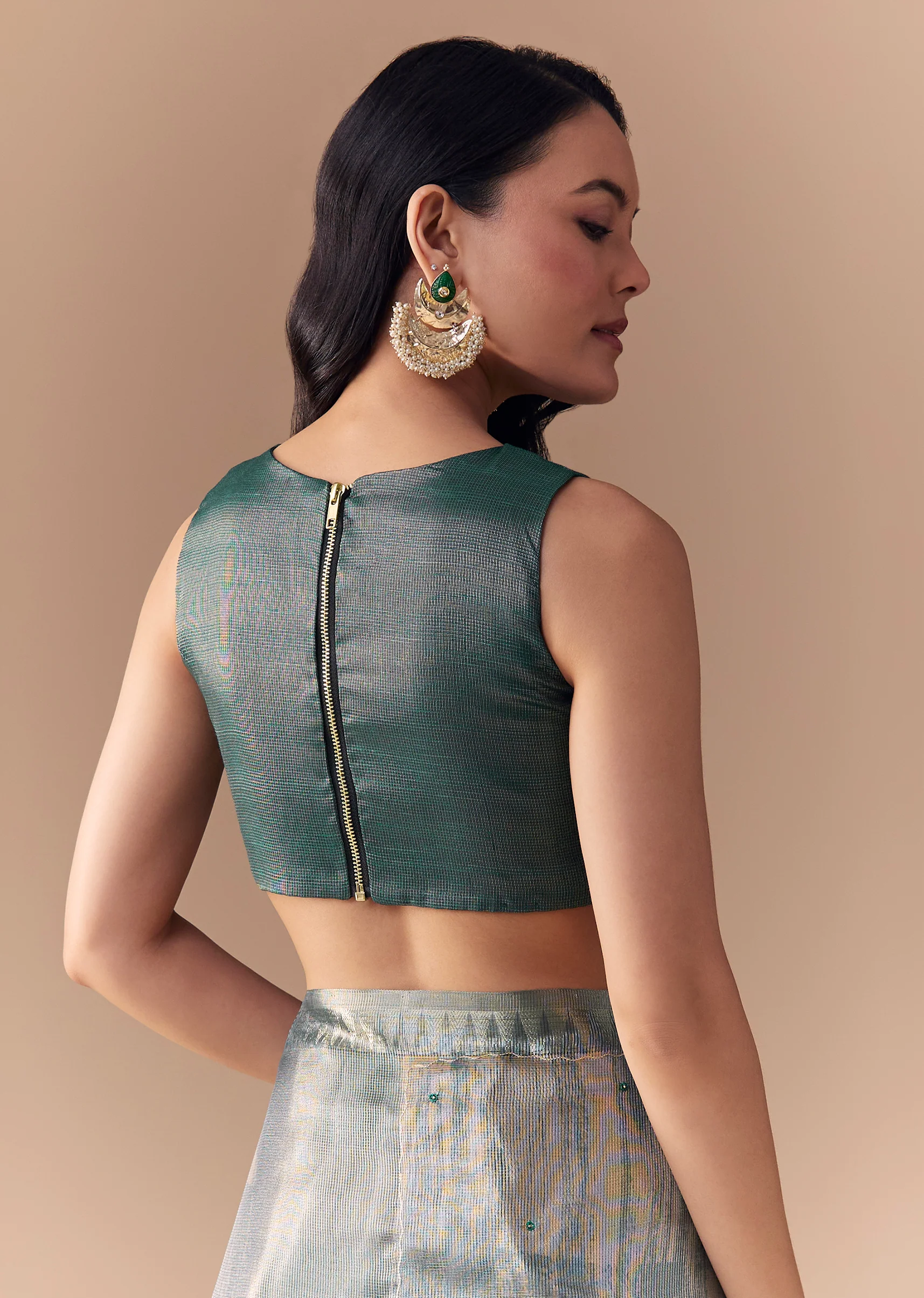 Graceful Couple Set – Teal Green Organza Silk Saree For Her And Green Modal Kurta Set With Hand Embroidery For Him - Image 8