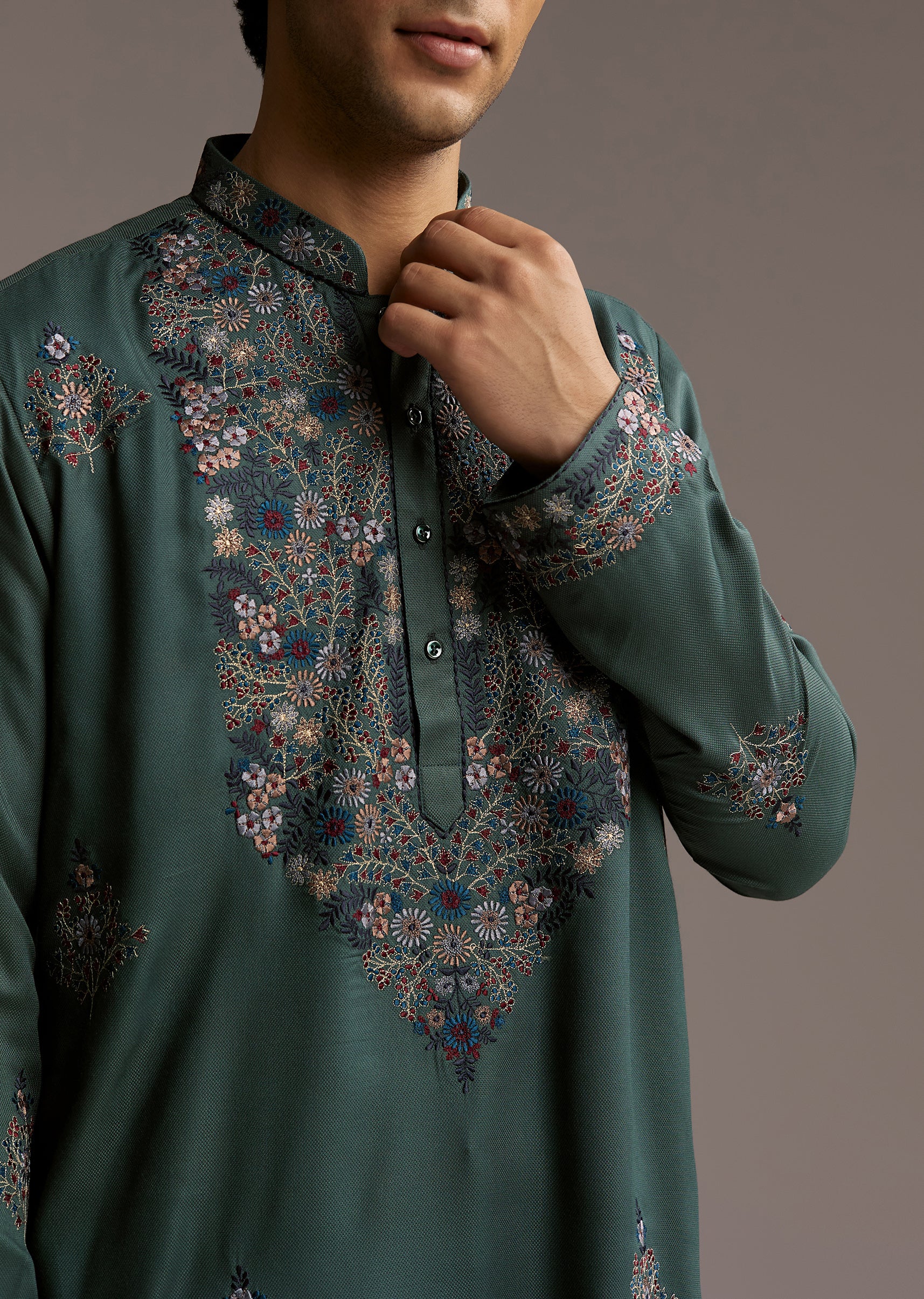 Graceful Couple Set – Teal Green Organza Silk Saree For Her And Green Modal Kurta Set With Hand Embroidery For Him - Image 9