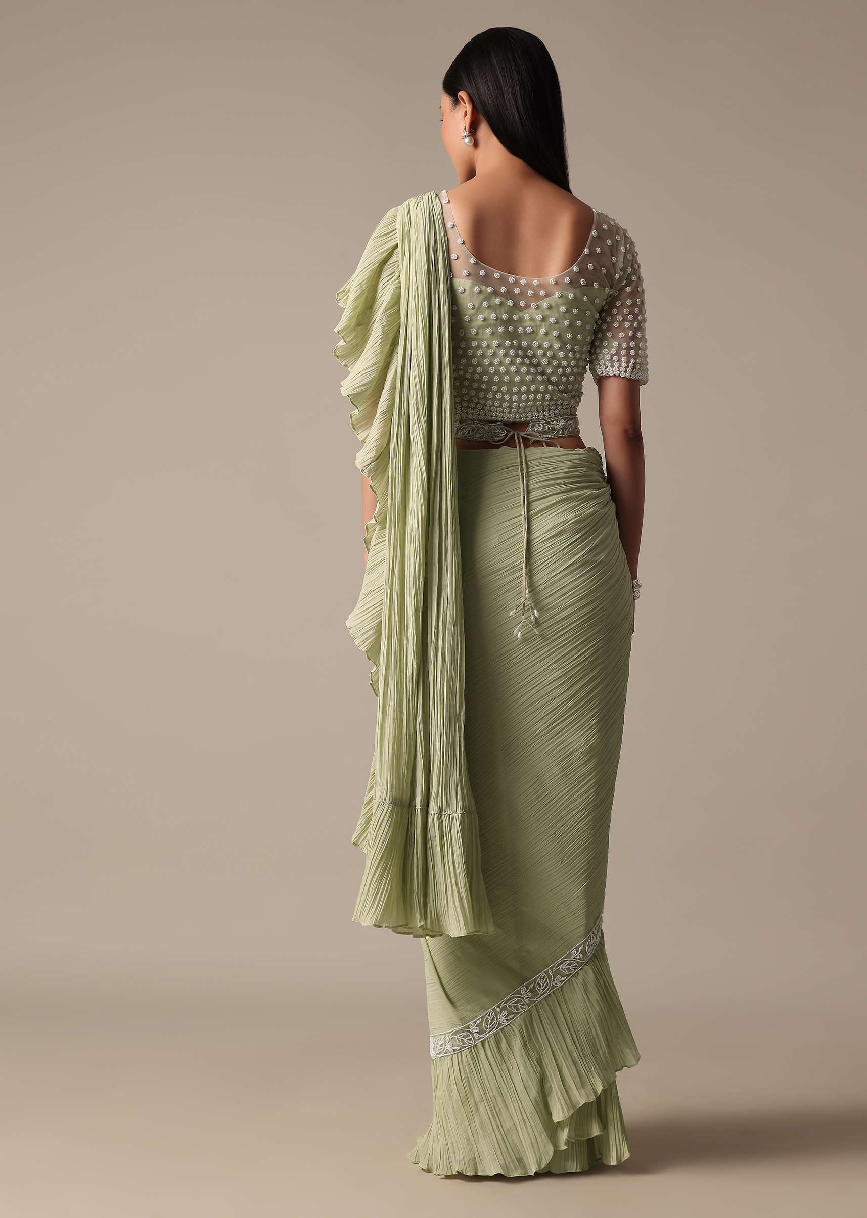 Graceful Green Pre Drape Saree With Ready Made Blouse - Image 5