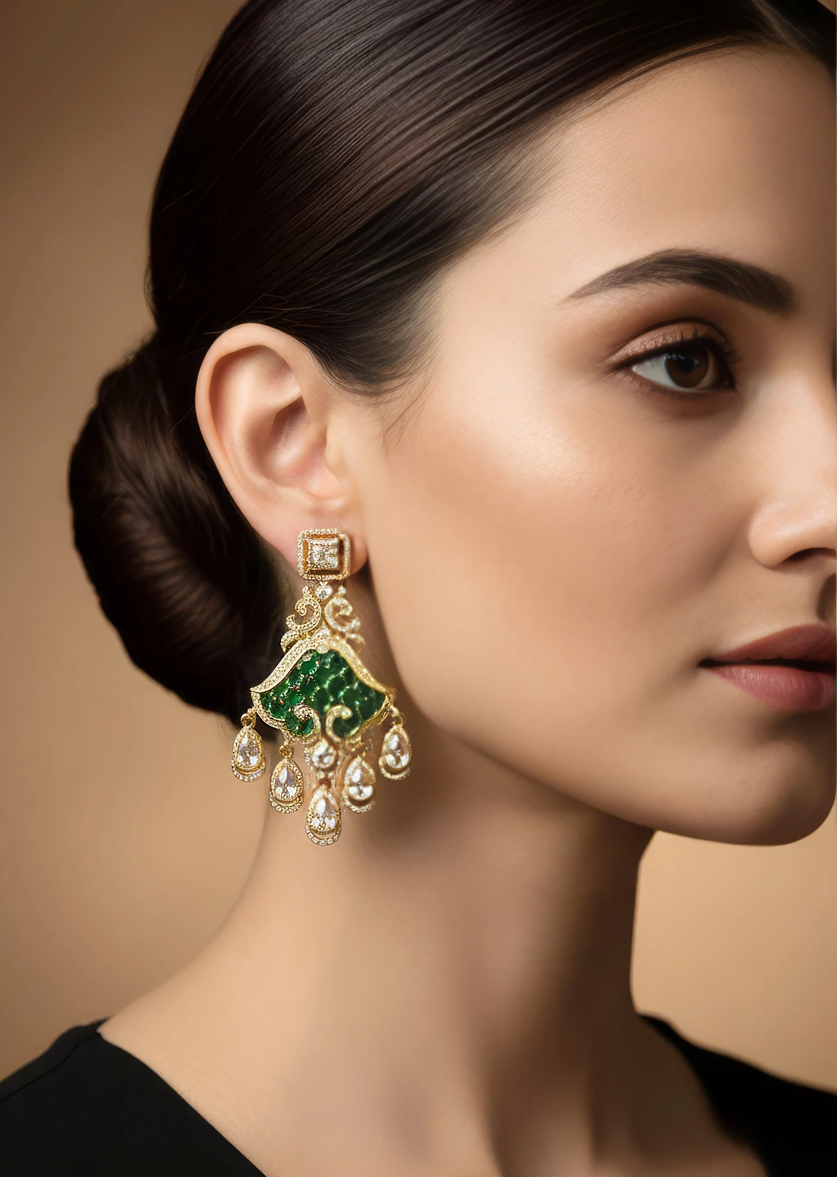 Green and Gold Anti Tarnish CZ Diamond Rhodium Plated Brass Earrings