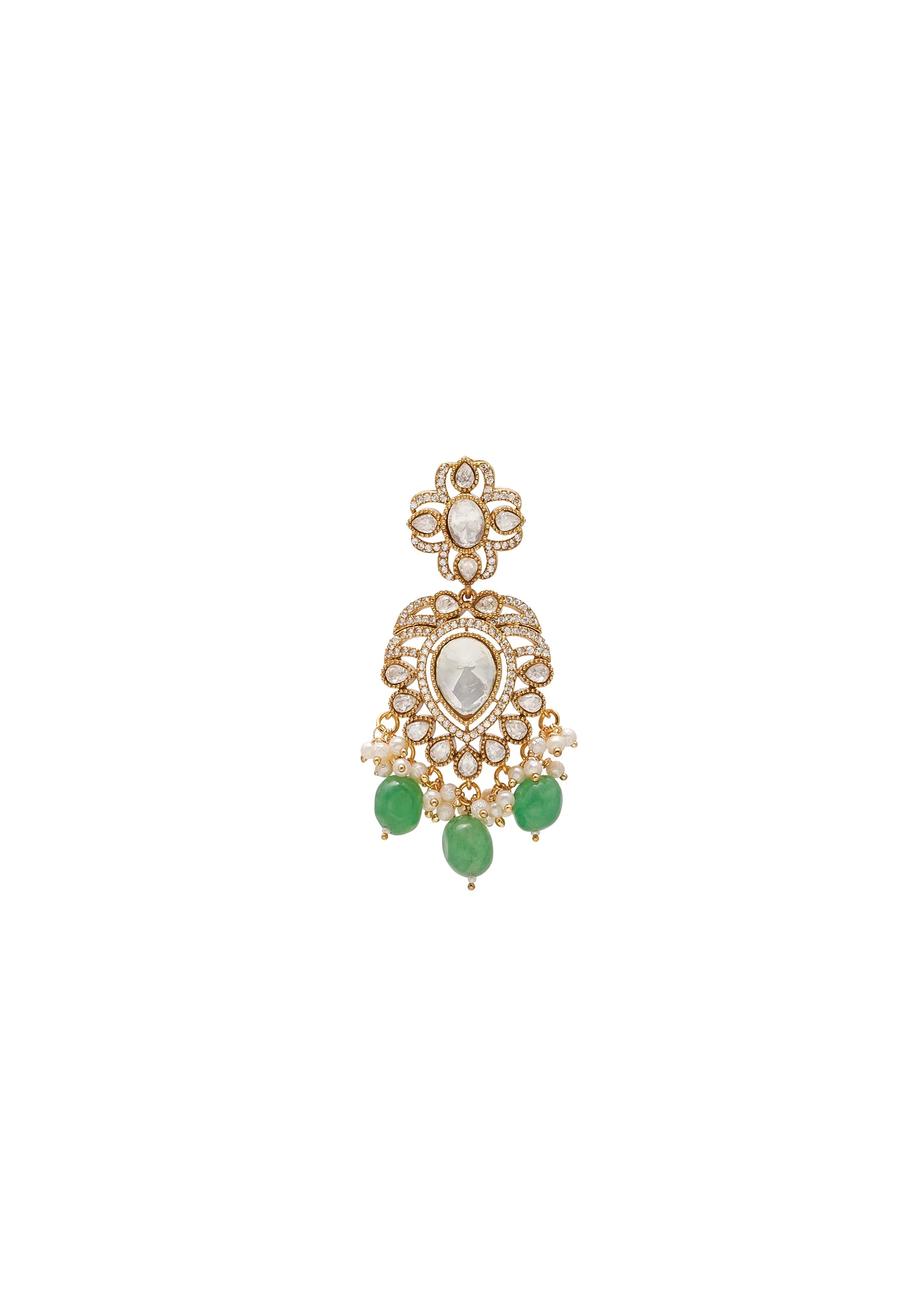Green And Gold Floral Pendant Necklace Set With Maangtikka - Image 5