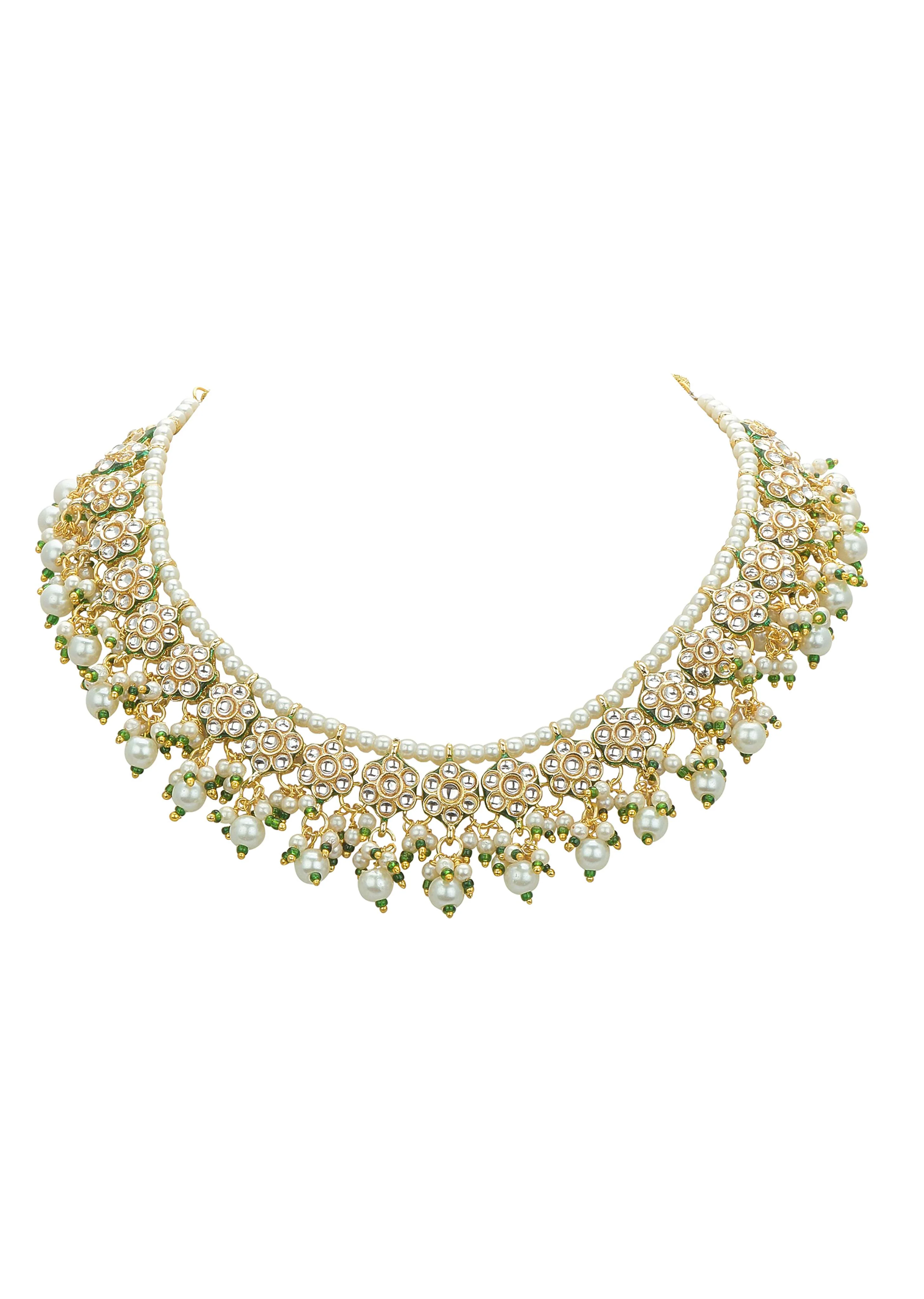 Green And Gold Kundan Short Necklace Set - Image 4