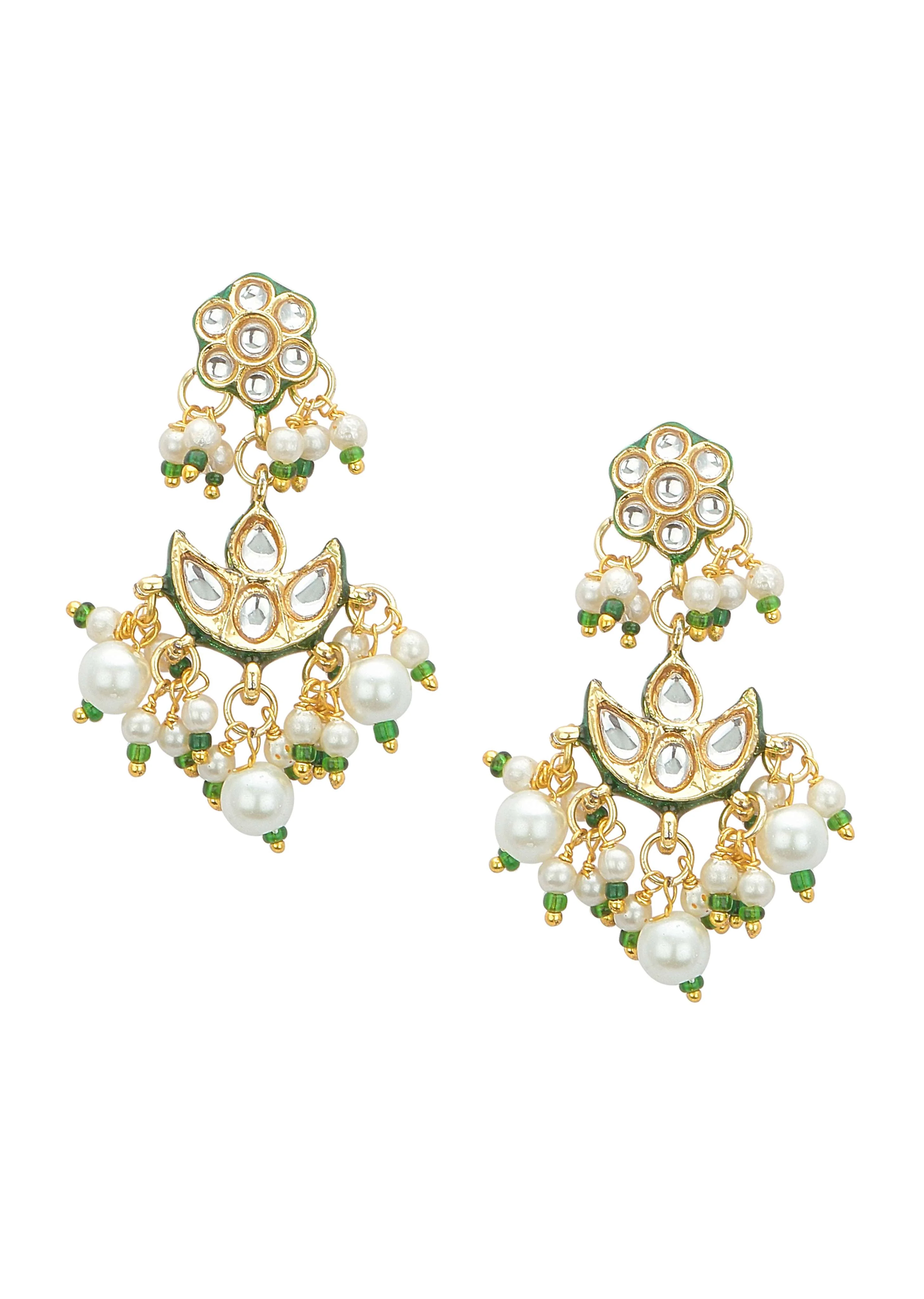Green And Gold Kundan Short Necklace Set - Image 6