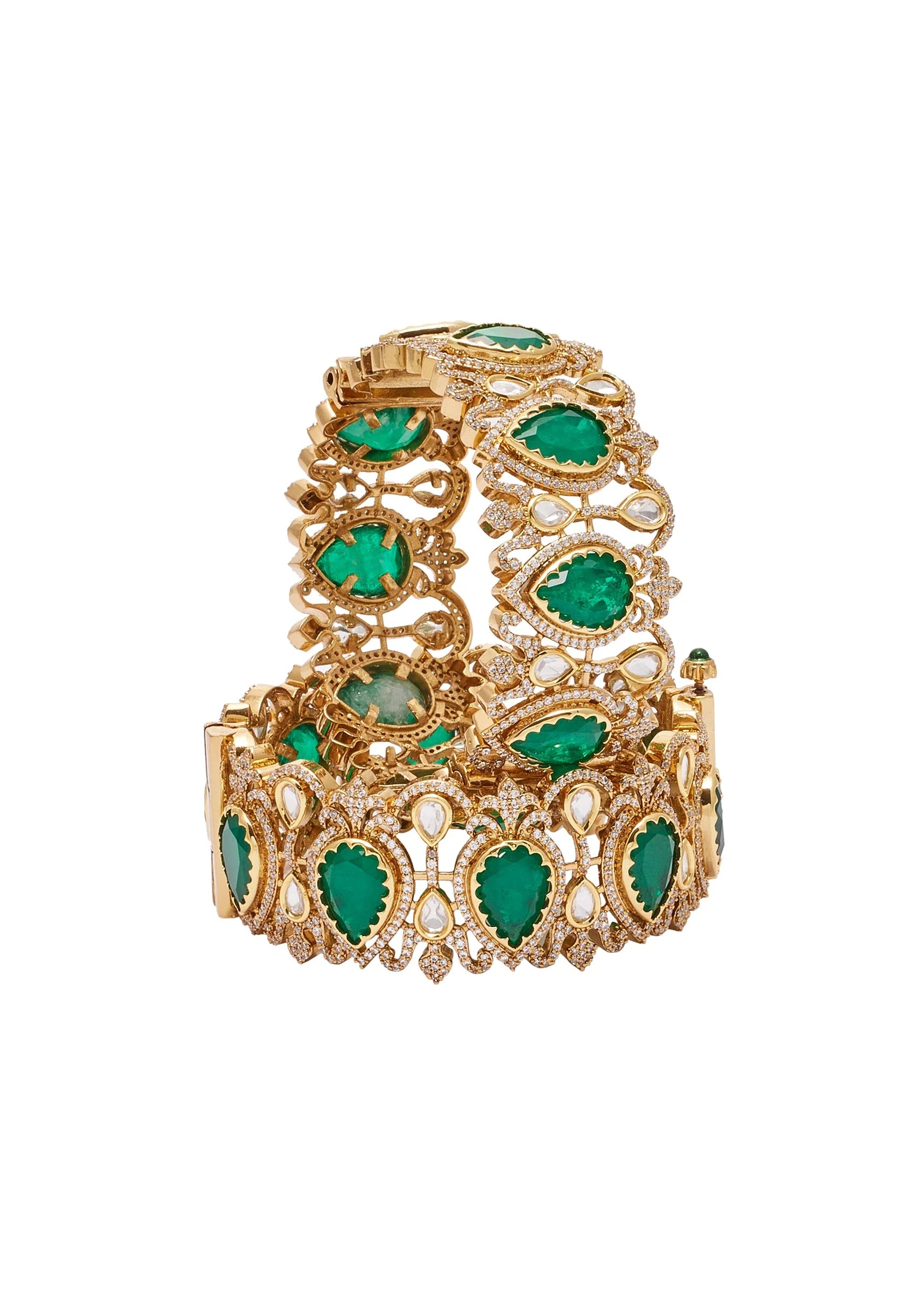 Green And Gold Stone Embellished Teardrop Bangle Set - Image 2