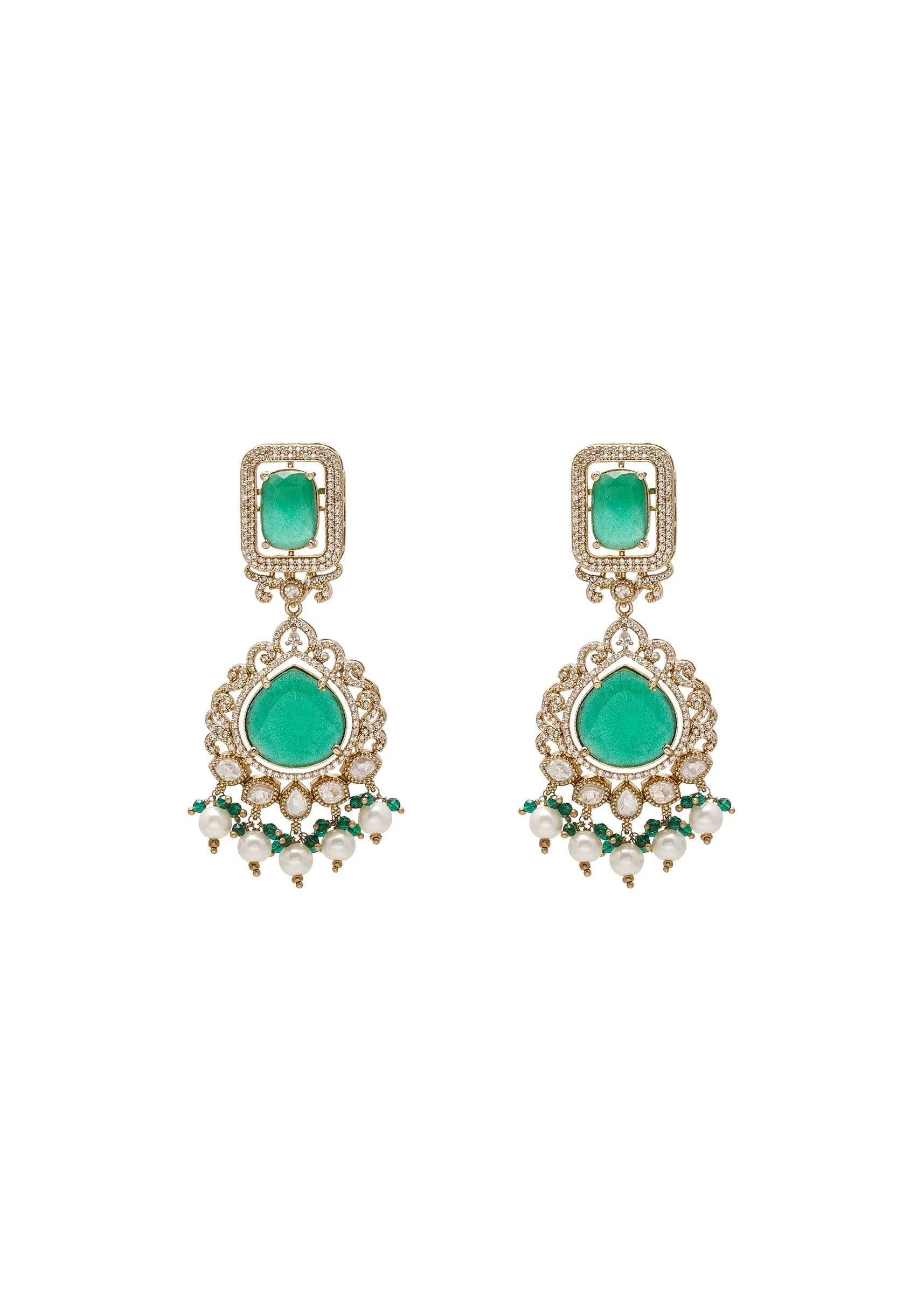 Green And Gold Teardrop Pendant Necklace Set With Maangtika - Image 4