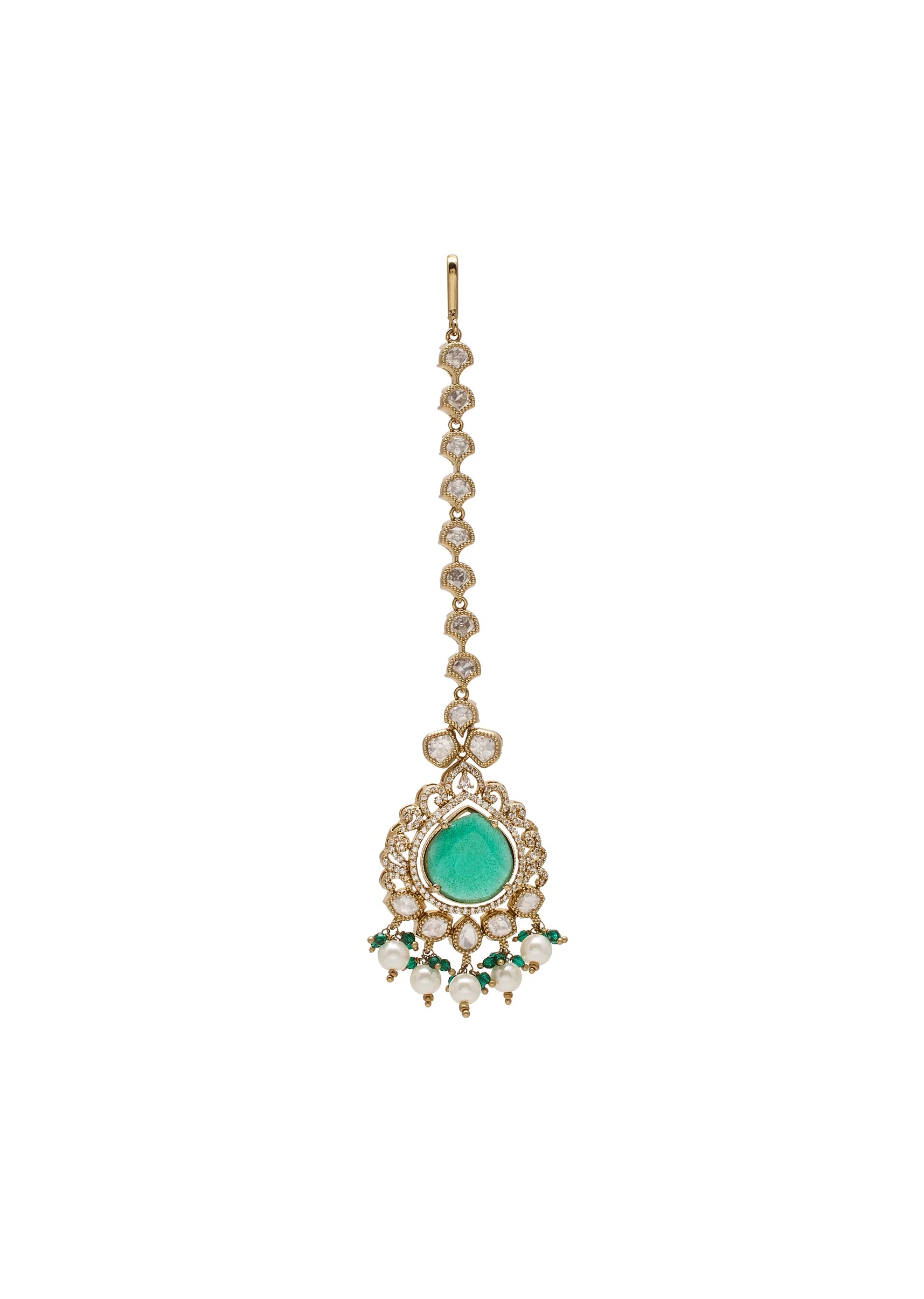 Green And Gold Teardrop Pendant Necklace Set With Maangtika - Image 6