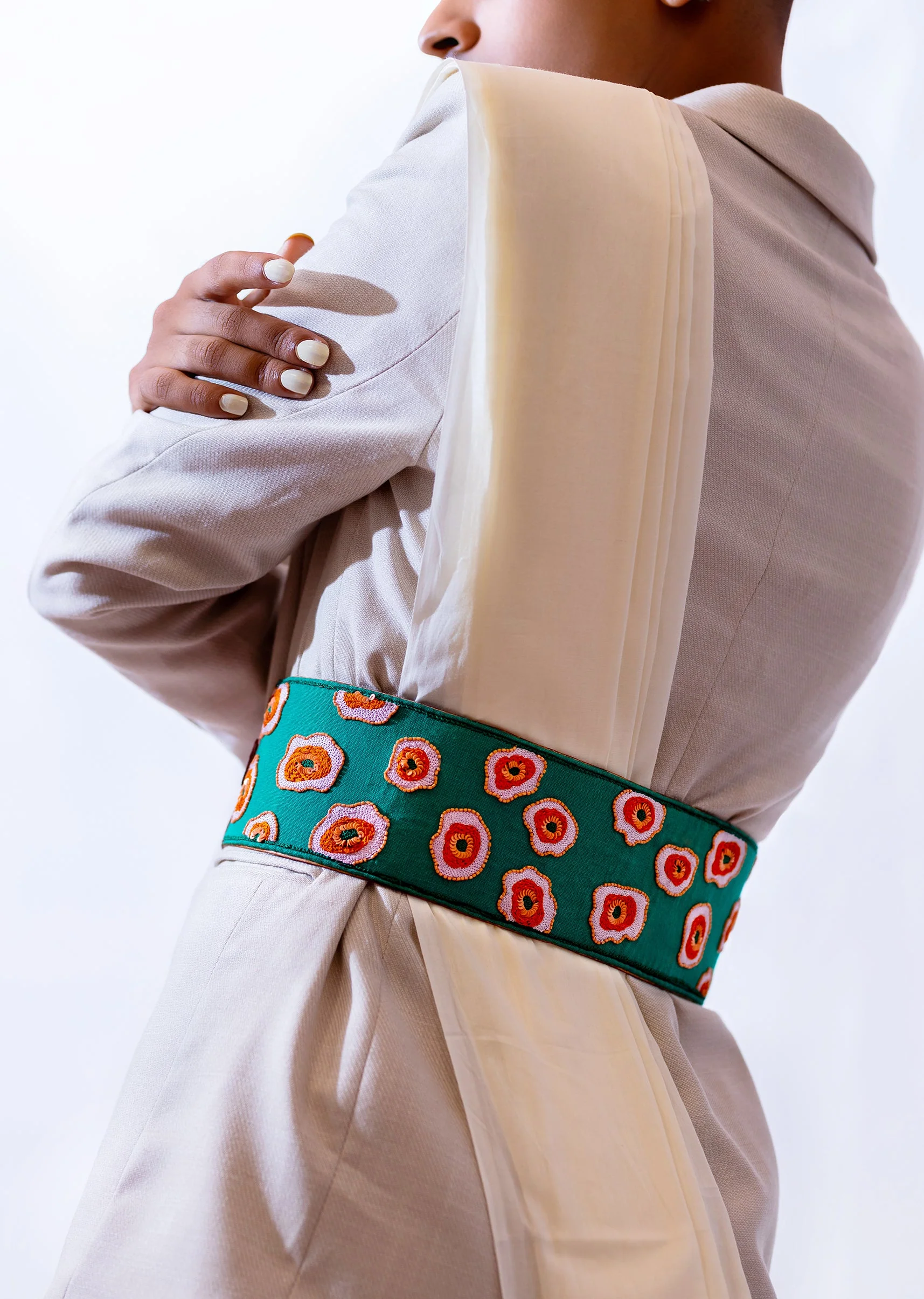 Green And Peach Embroidered Waist Belt