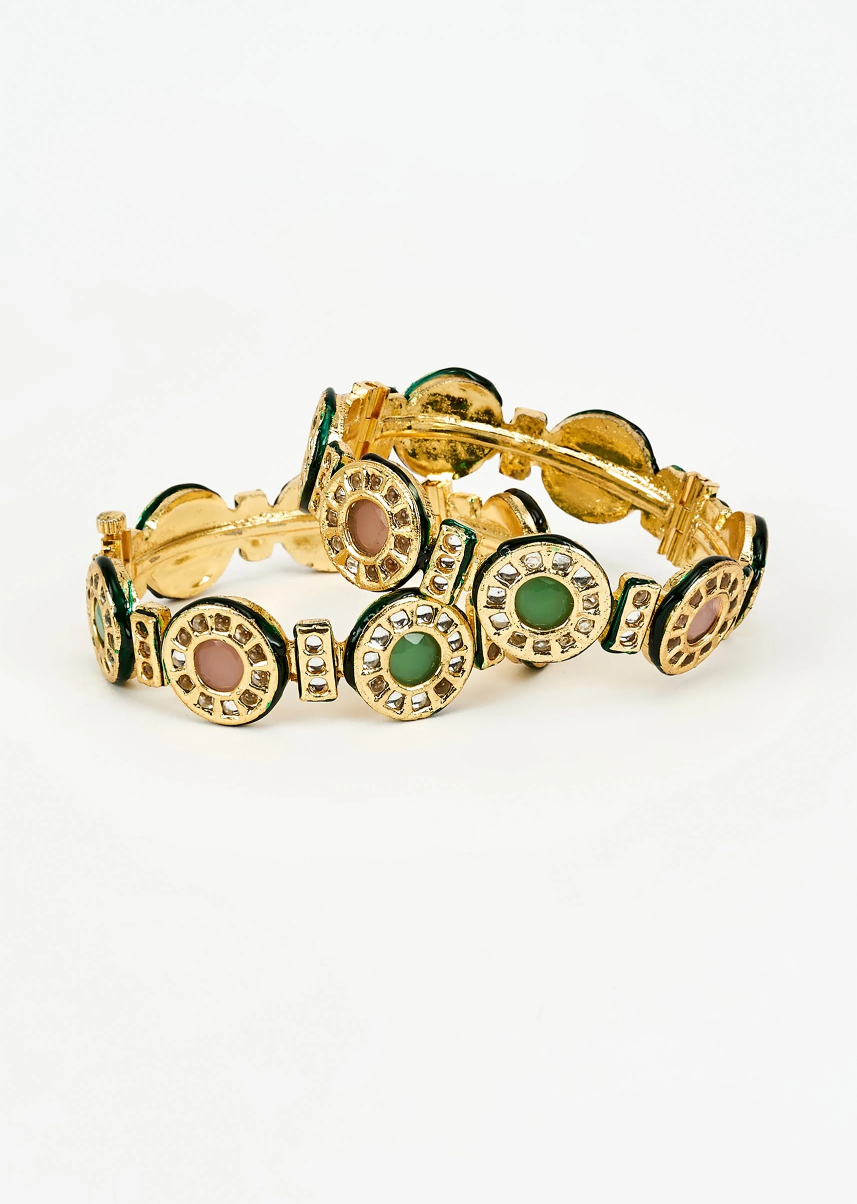 Green And Pink Gemstones With Gold Plated Multicolored Kundan Polki Bangles