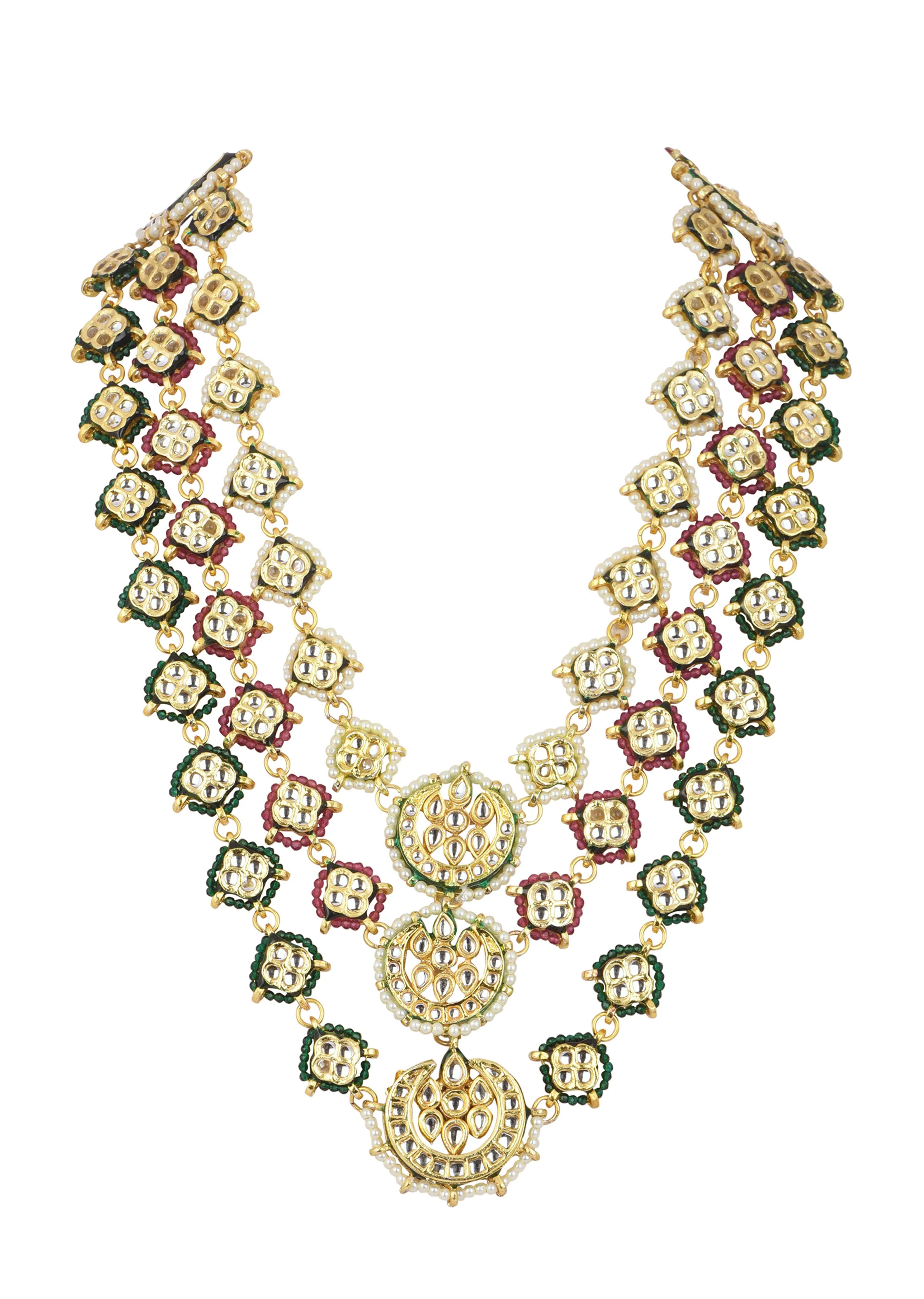 Green And Red Layered Kundan Necklace Set In Mix Metal - Image 5