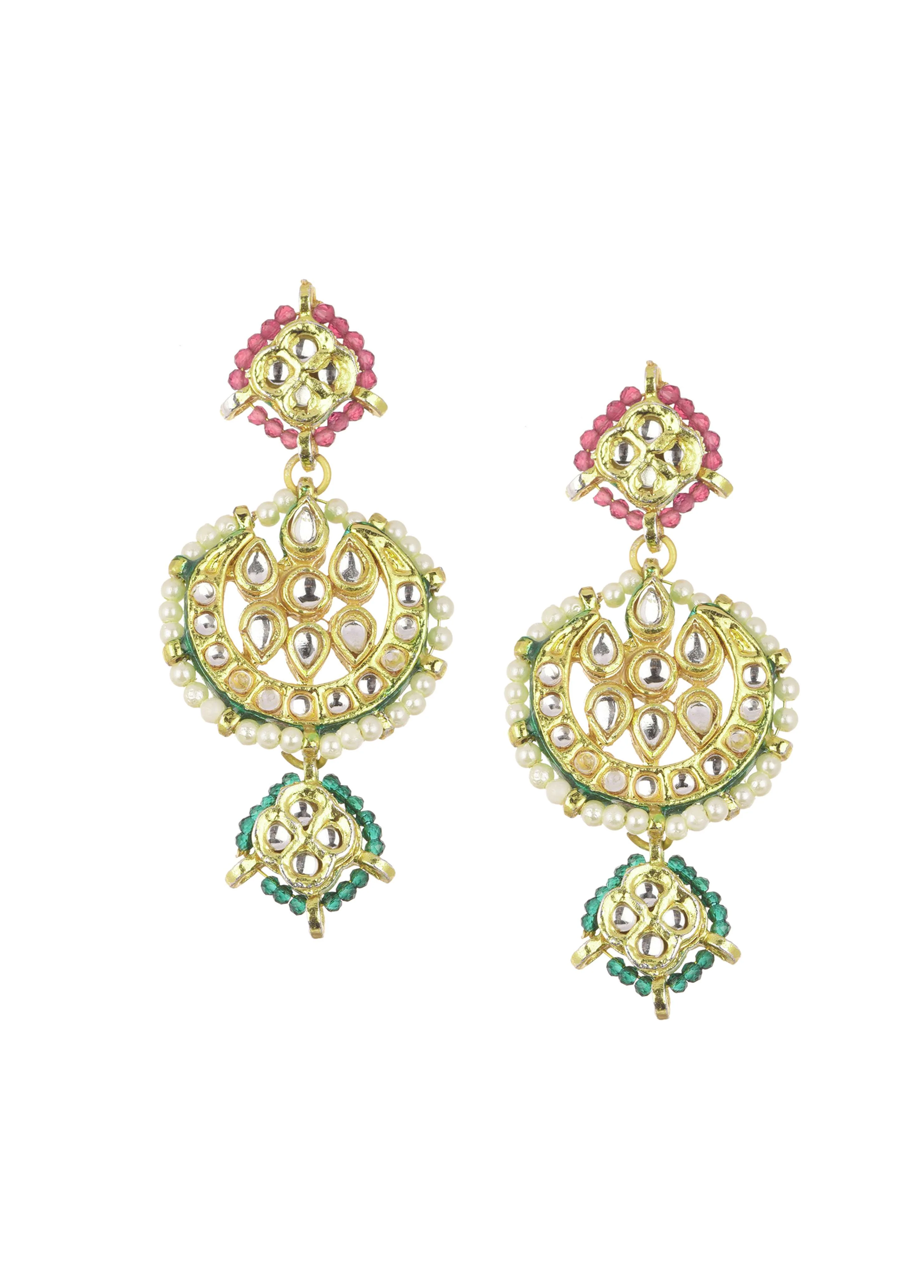 Green And Red Layered Kundan Necklace Set In Mix Metal - Image 6