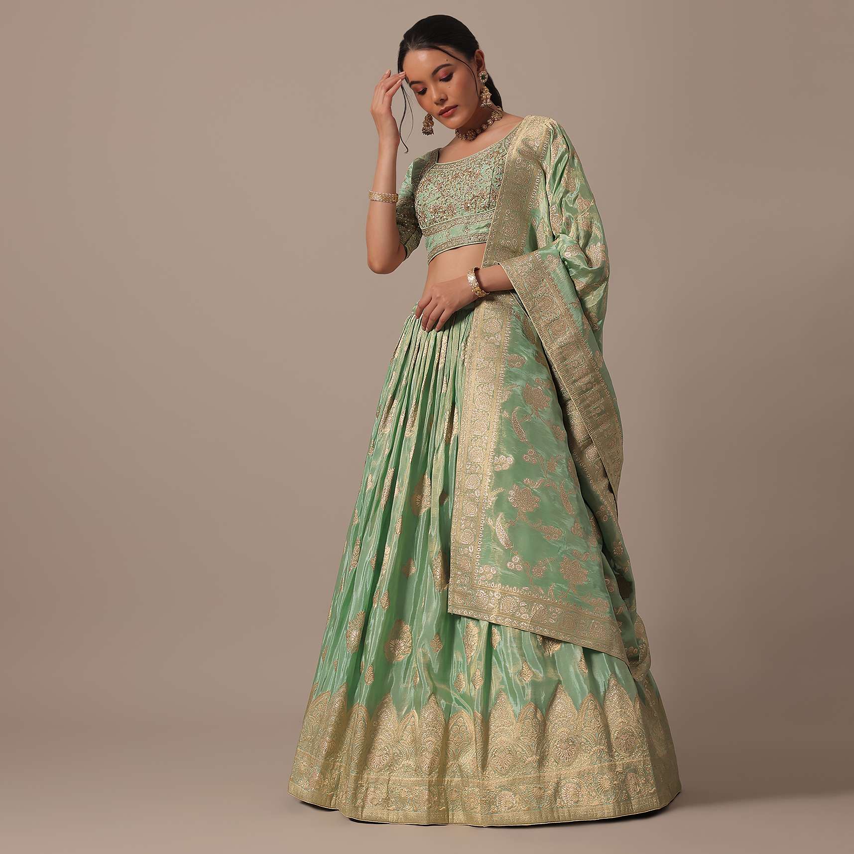 Green Banarasi Silk Lehenga Set - Image 7